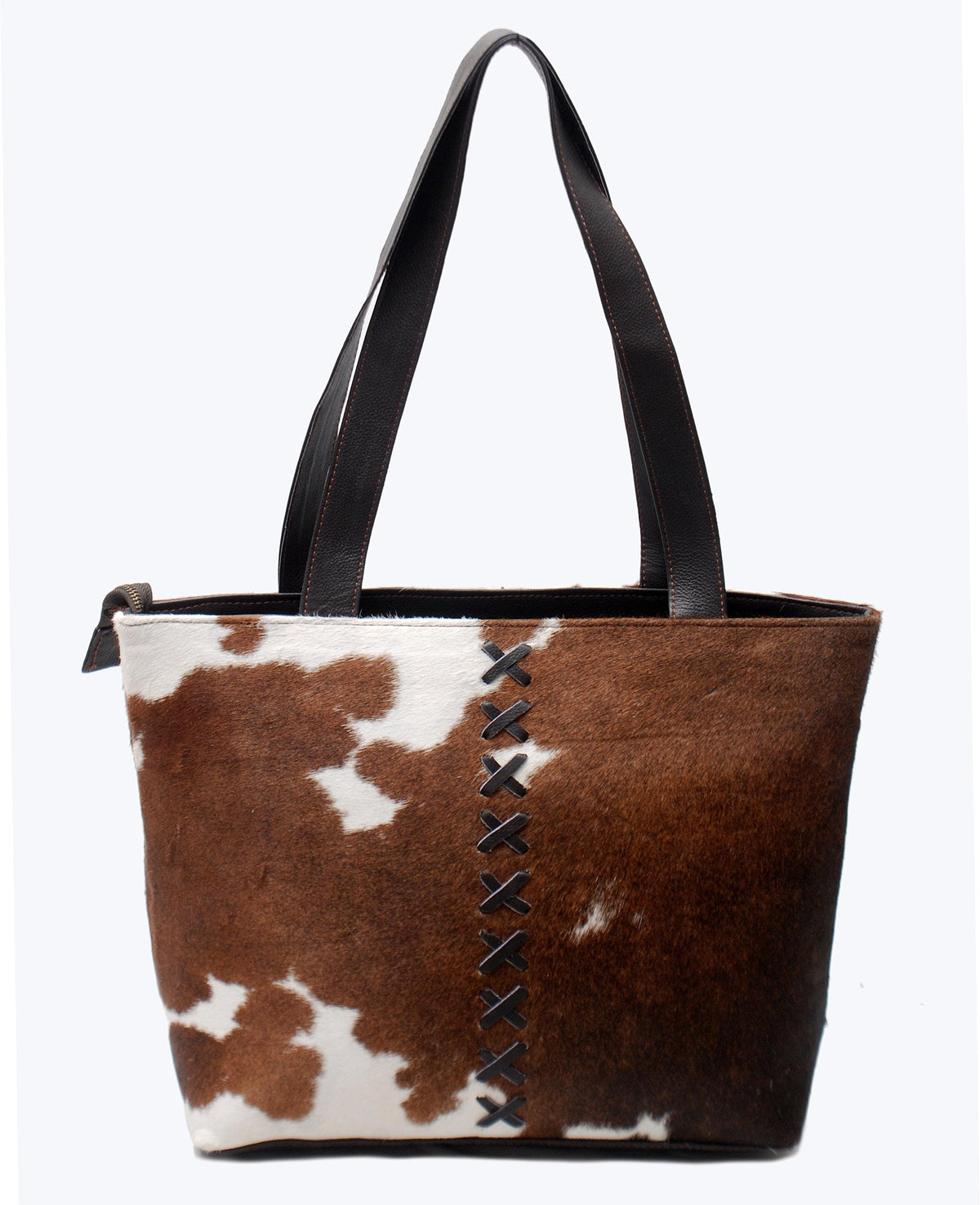 Cowhide Shoulder Bag - Brown & White Hair On Hide Purse, Handmade Leather Tote, Stylish Daily Handbag with Fast Worldwide Shipping
