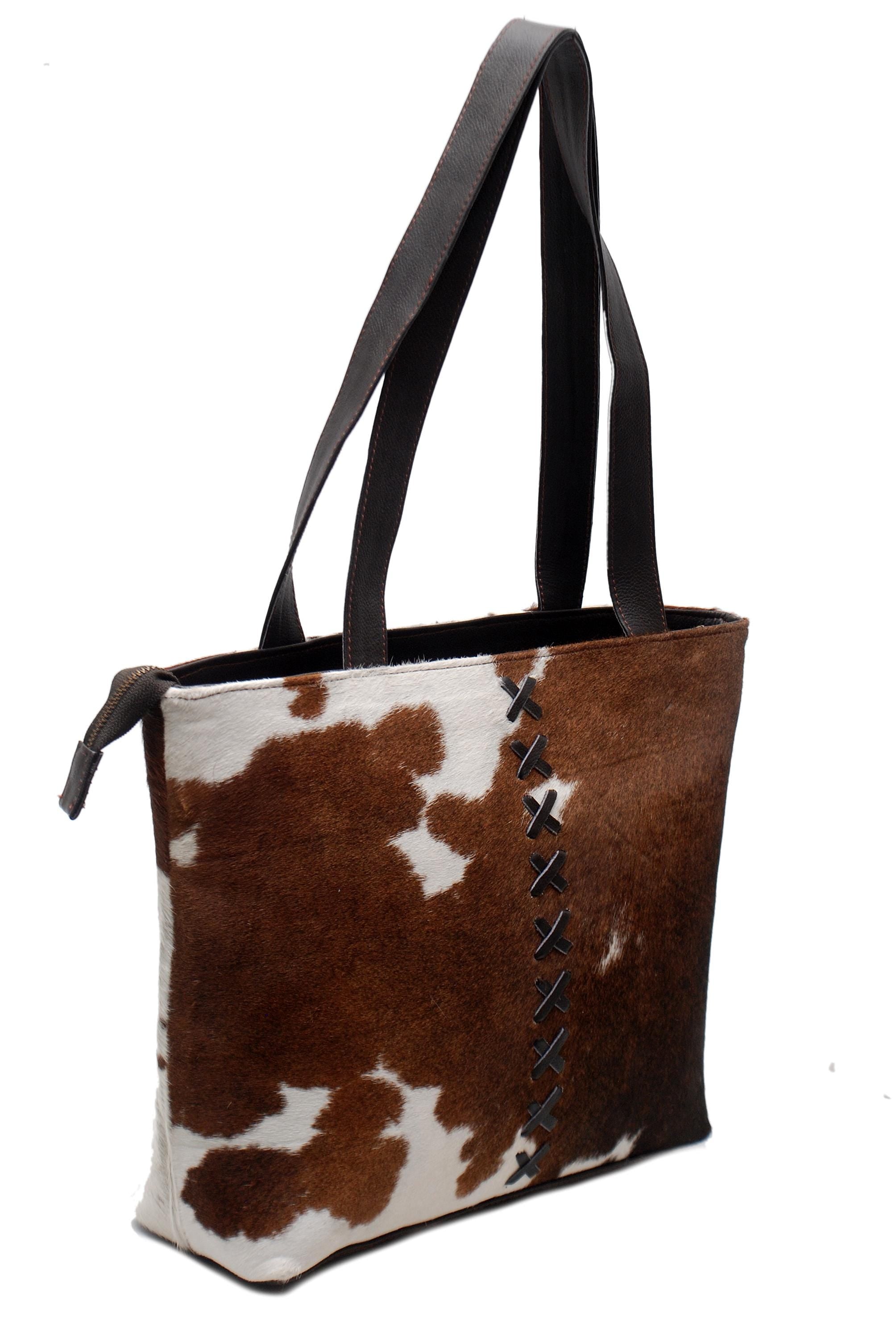 Cowhide Shoulder Bag - Brown & White Hair On Hide Purse, Handmade Leather Tote, Stylish Daily Handbag with Fast Worldwide Shipping
