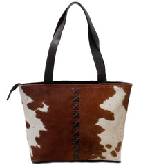 Stylish Brown and White Cowhide Shoulder Bag with Natural Animal Print - Handmade Leather Tote for Women - Trendy Daily Handbag