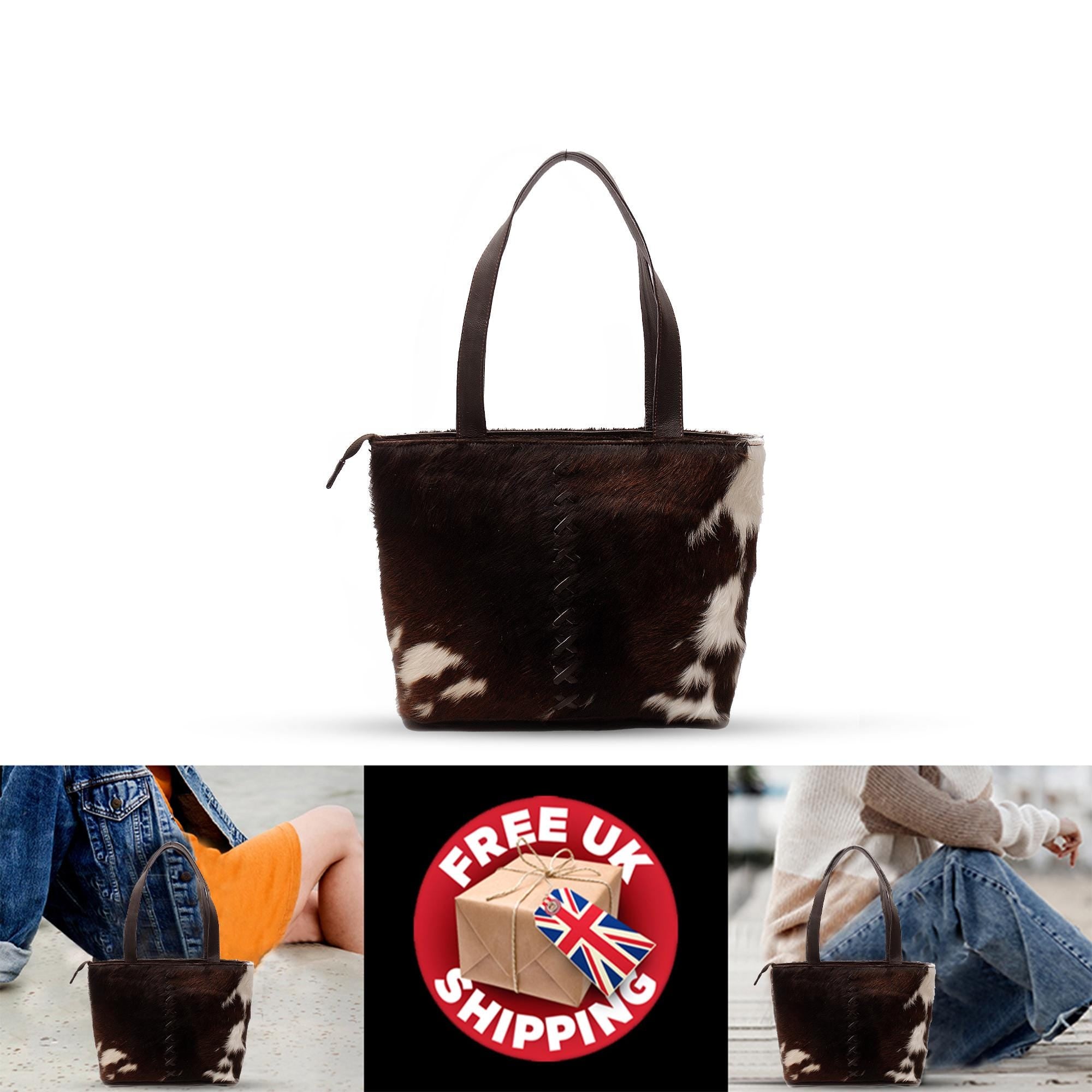 Stylish Cowhide Shoulder Bag for Women - Handmade Brown & White Leather Purse with Unique Animal Print, Spacious and Durable - Free UK
