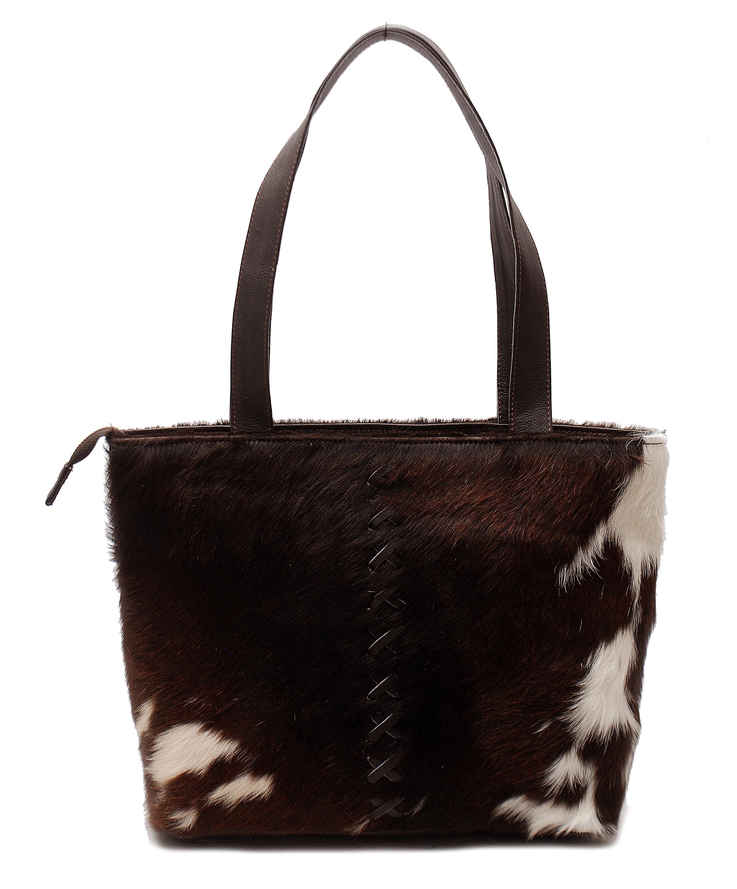 Stylish Cowhide Shoulder Bag for Women - Handmade Brown & White Leather Purse with Unique Animal Print, Spacious and Durable - Free UK