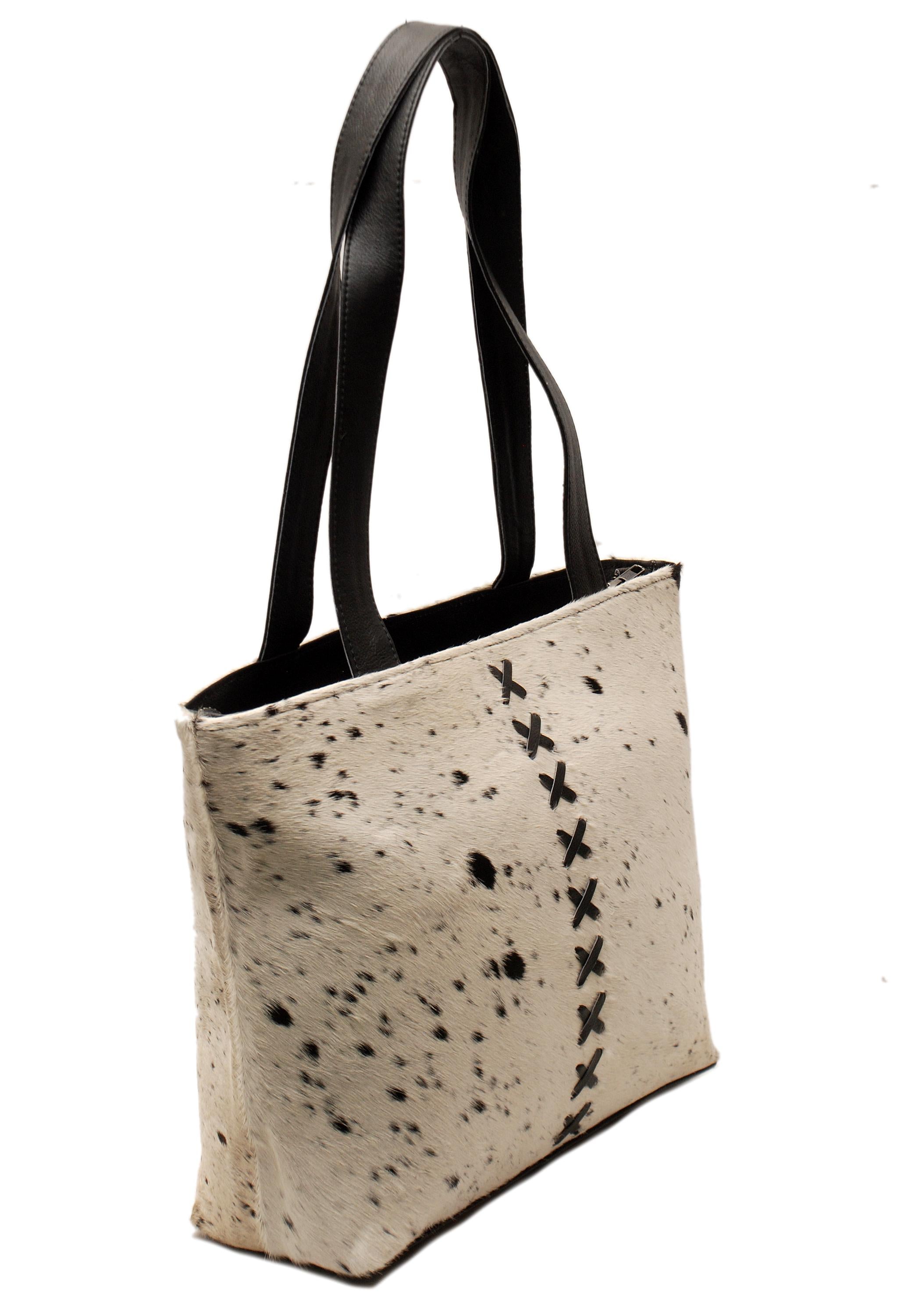 Stylish White Cowhide Shoulder Bag - Handmade Leather Tote with Zipped Pocket, Versatile & Easy to Clean, Ideal for Daily Use