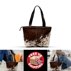 Stylish Brown and White Cowhide Shoulder Bag – Handmade Natural Leather Purse for Women's Casual Chic Outfits