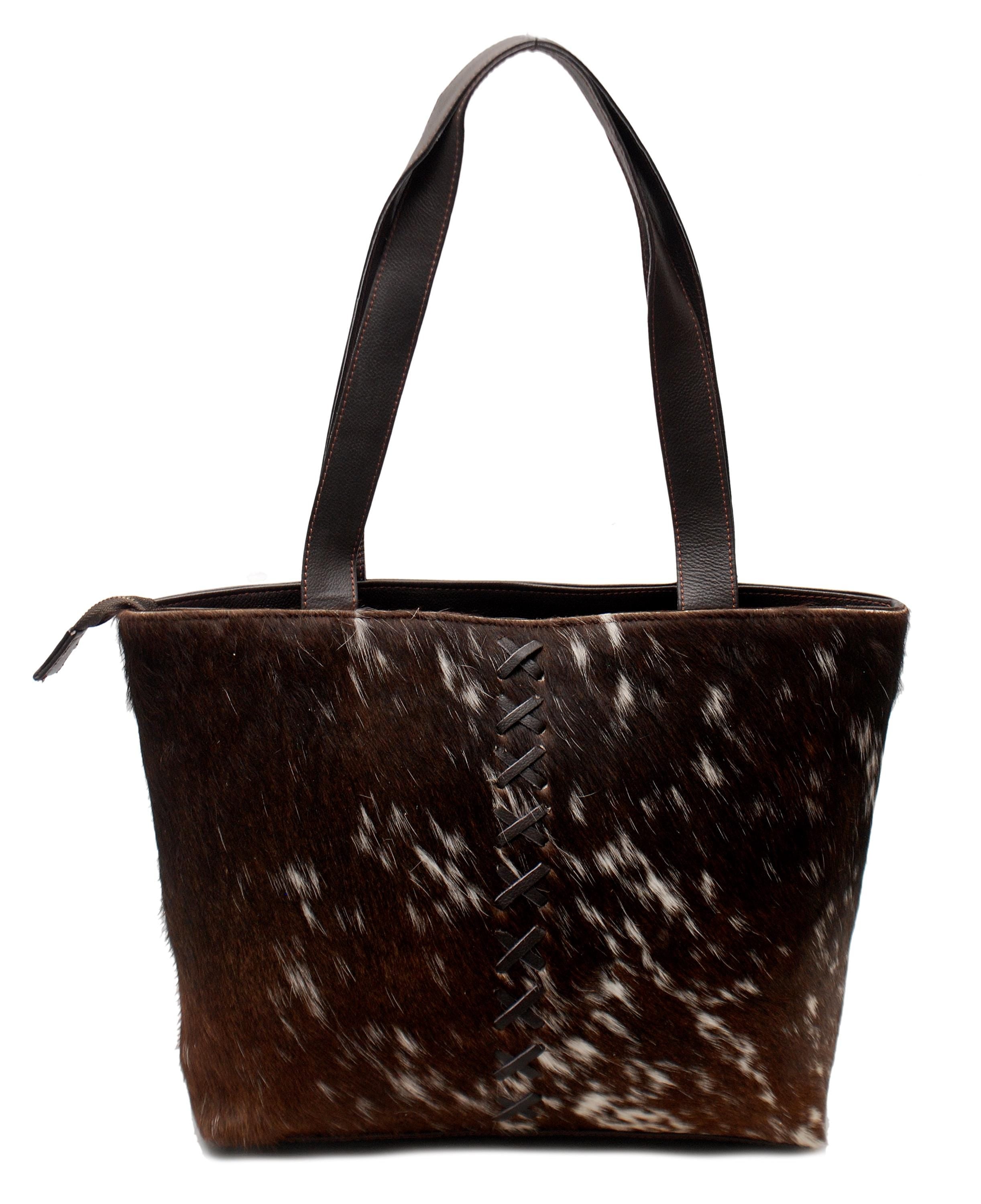 Chic Brown and White Cowhide Shoulder Bag with Natural Animal Print - Handmade Leather Purse for Women's Fashion - Spacious and Versatile