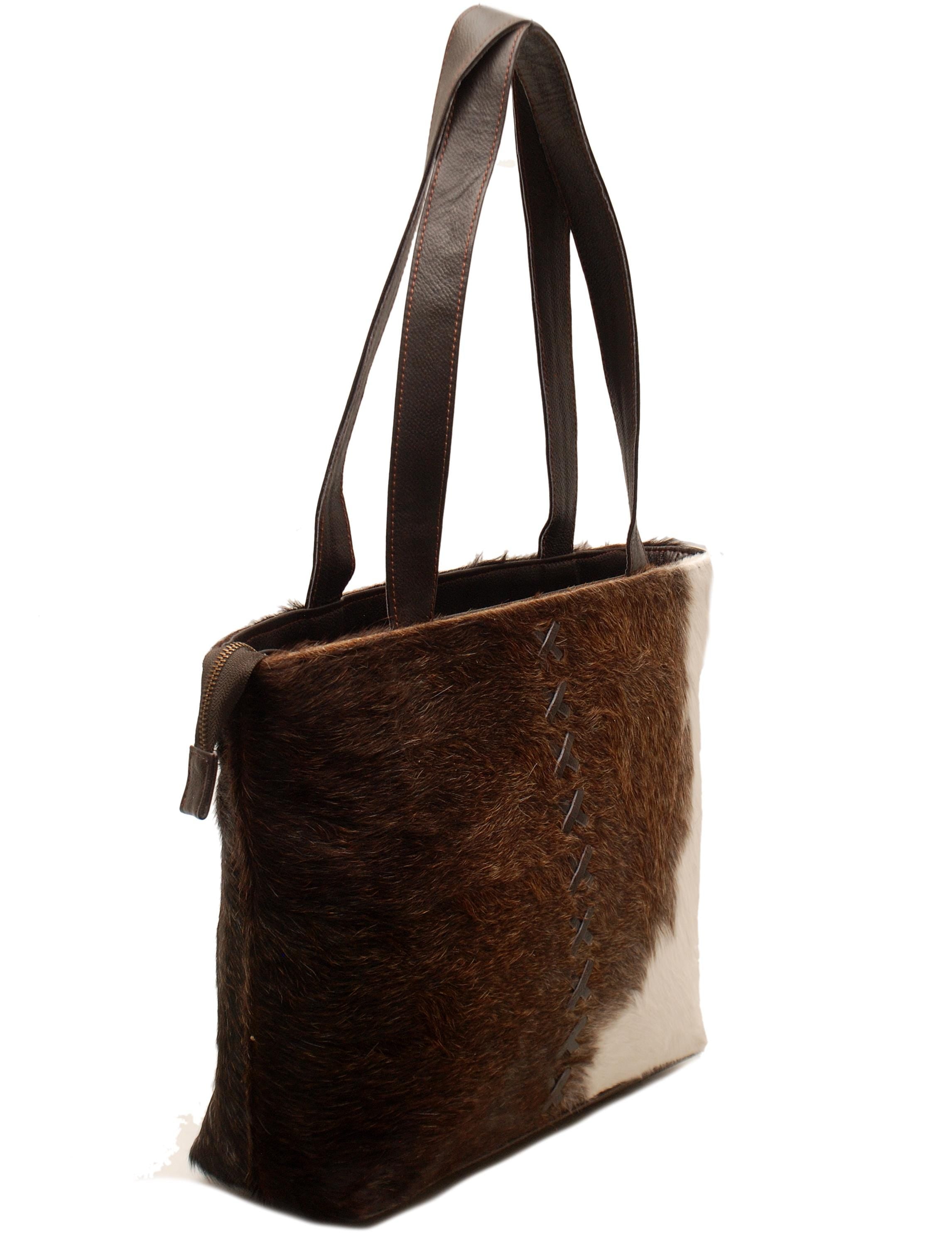 Stylish Dark Brown & White Cowhide Shoulder Bag - Handmade Leather Purse for Women - Fashionable - Spacious Animal Print Tote Bag