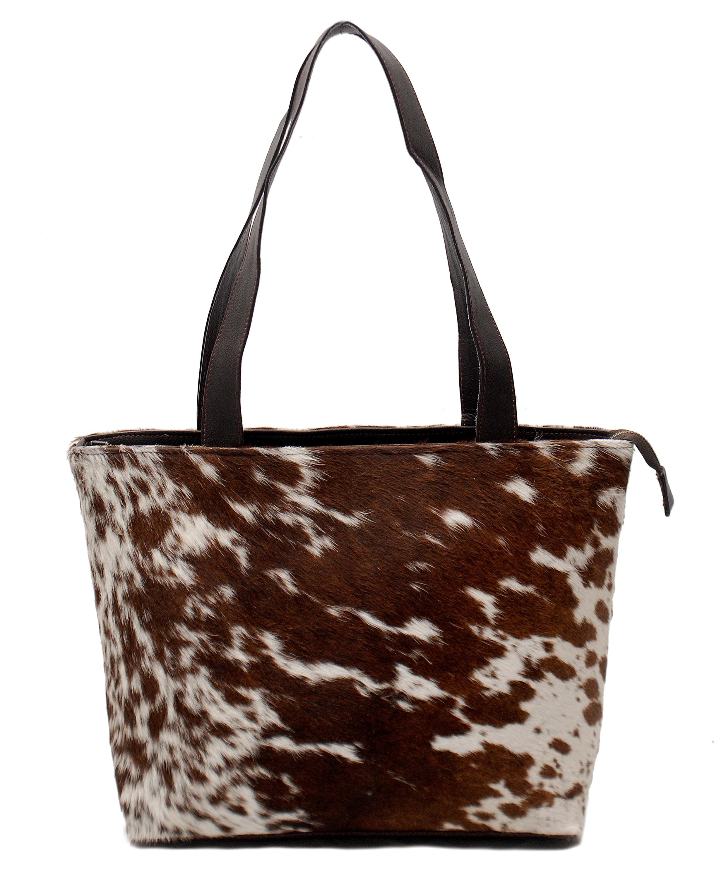 Stylish Dark Brown and White Shoulder Bag - Handmade Cowhide Leather Purse with Animal Print for Women's Casual Chic Style