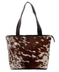 Stylish Dark Brown and White Shoulder Bag - Handmade Cowhide Leather Purse with Animal Print for Women's Casual Chic Style
