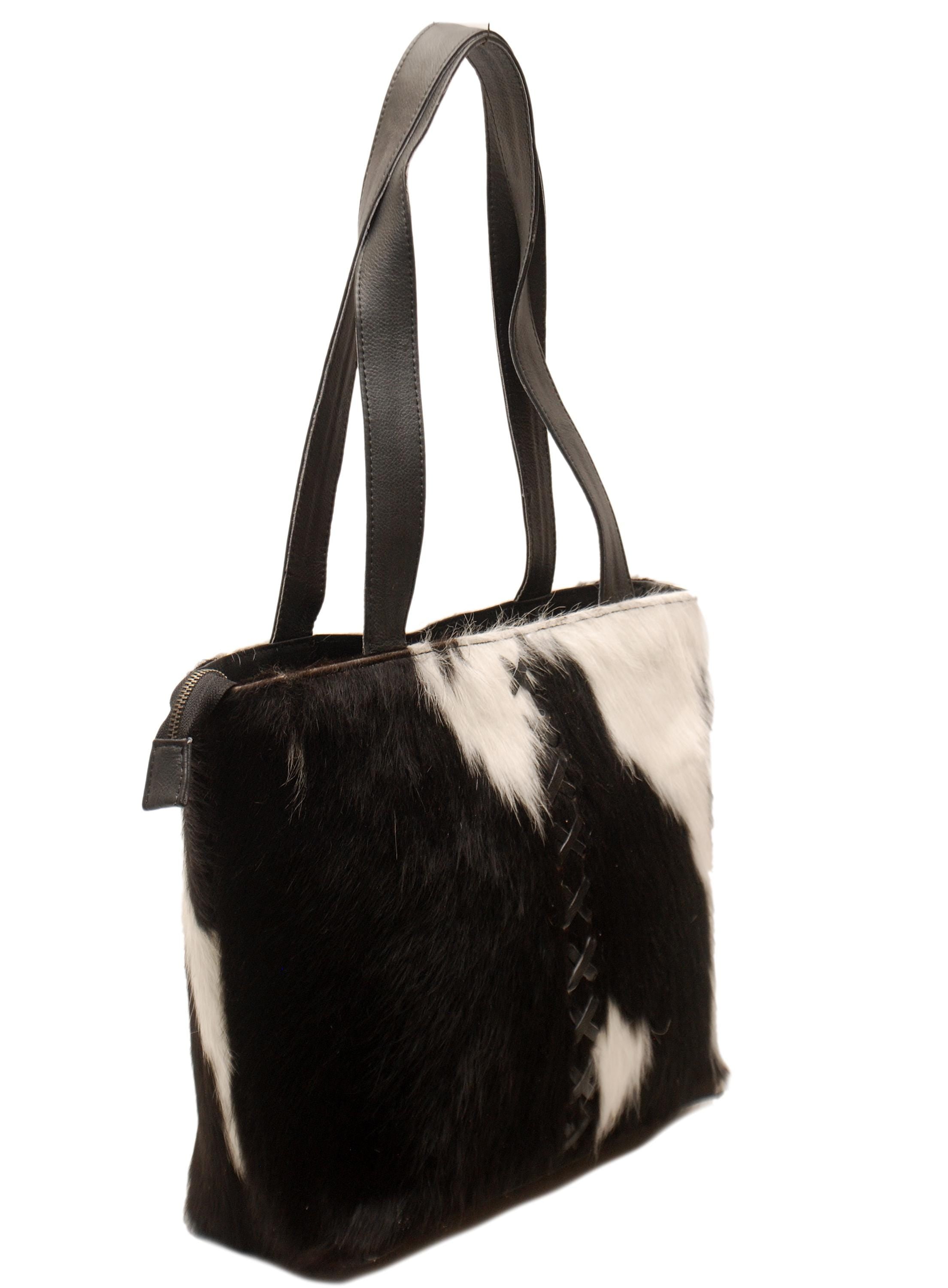 Luxurious Black and White Cowhide Shoulder Bag - Handmade Natural Hair-On Leather Purse with Ample Storage Space and Stylish Design