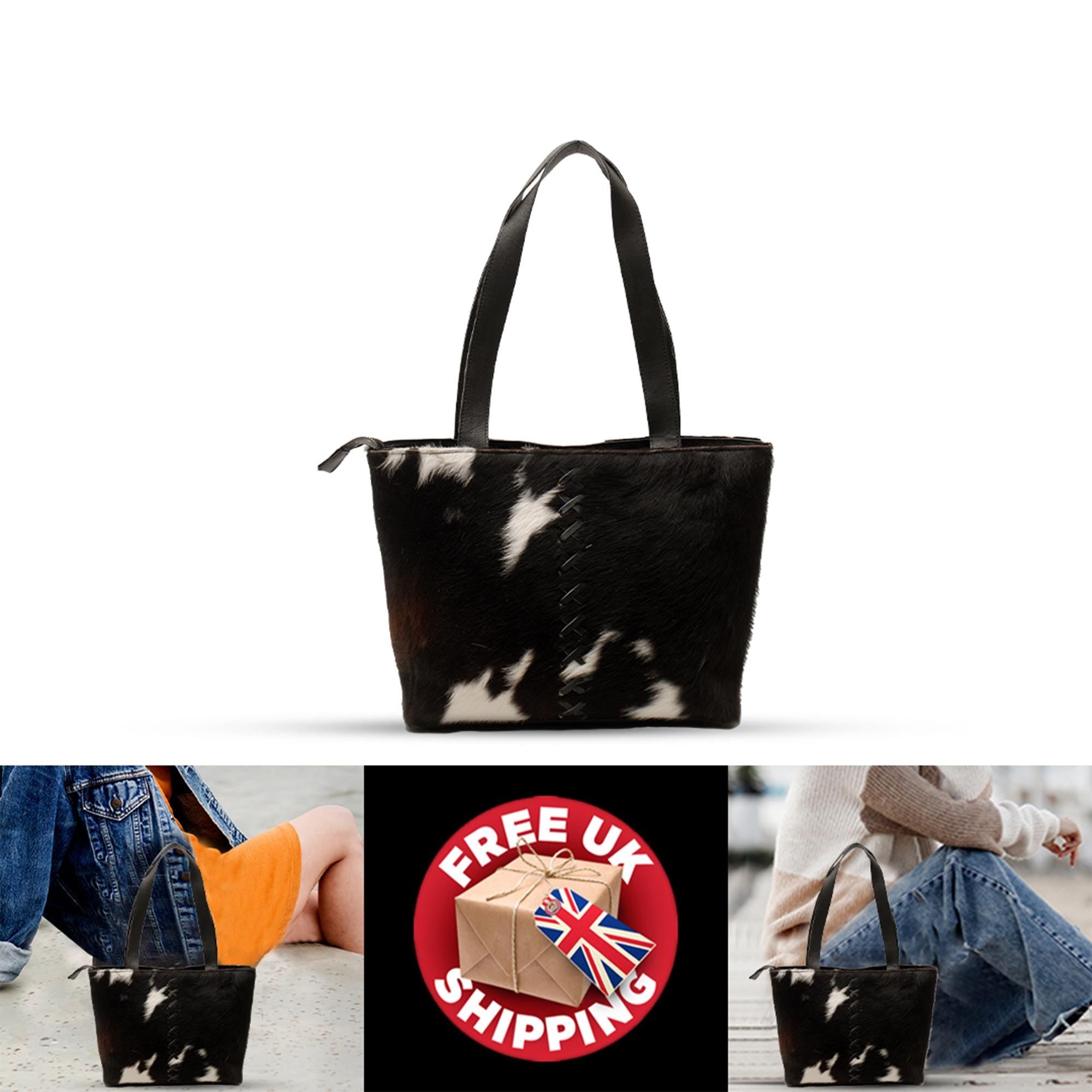 Stylish Black And White Cowhide Shoulder Bag with Zipped Pocket - Handcrafted Leather Purse for Women's Daily Use