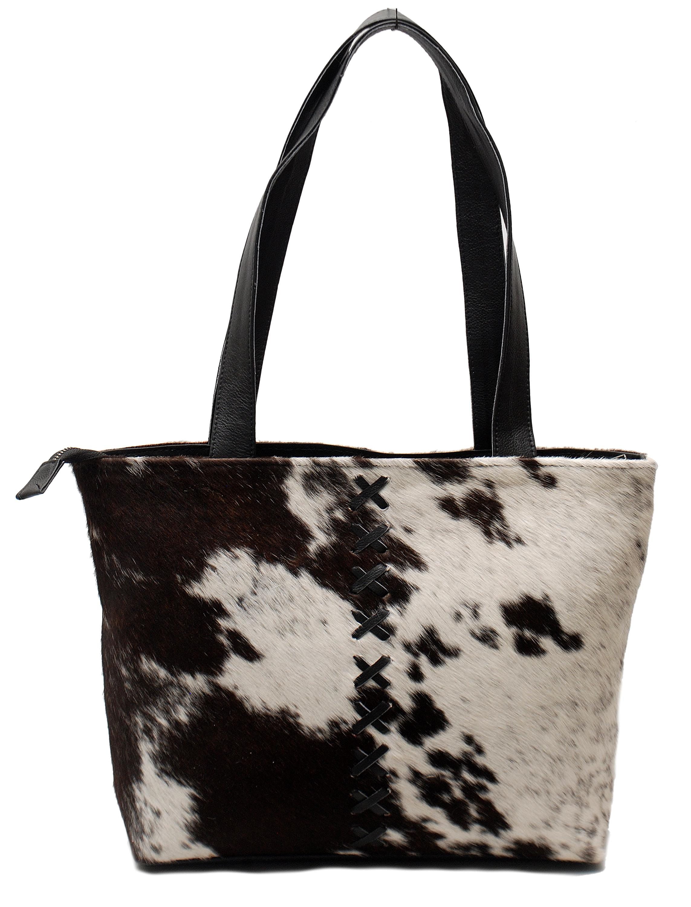 Stylish Black & White Cowhide Shoulder Bag - Handmade Hair-On Leather Cowskin Purse with Ample Storage - Secure Zipped Pocket