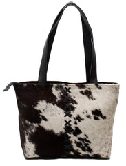 Stylish Black & White Cowhide Shoulder Bag - Handmade Hair-On Leather Cowskin Purse with Ample Storage - Secure Zipped Pocket