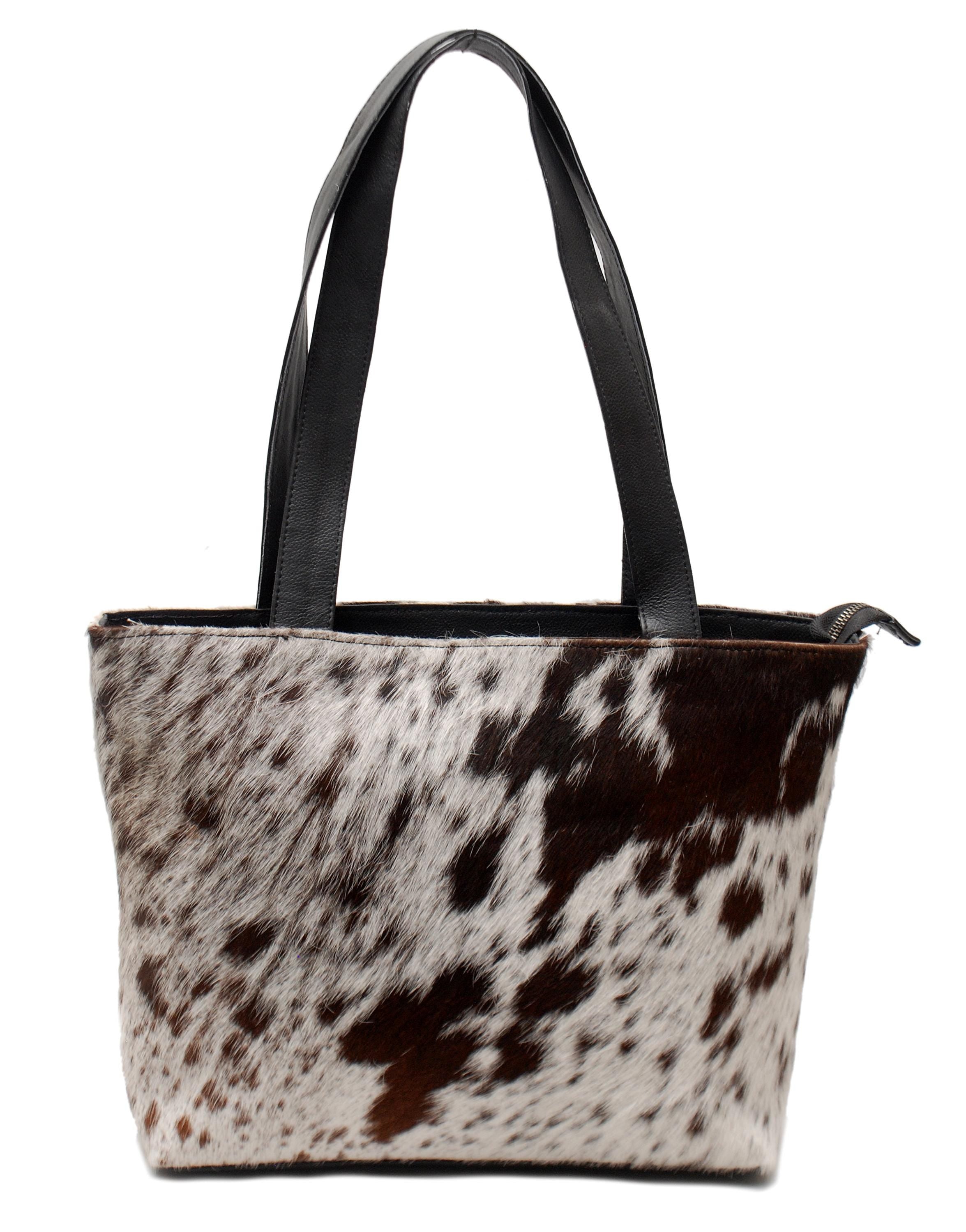 Stylish Black & White Cowhide Shoulder Bag - Handmade Hair-On Leather Cowskin Purse with Ample Storage - Secure Zipped Pocket