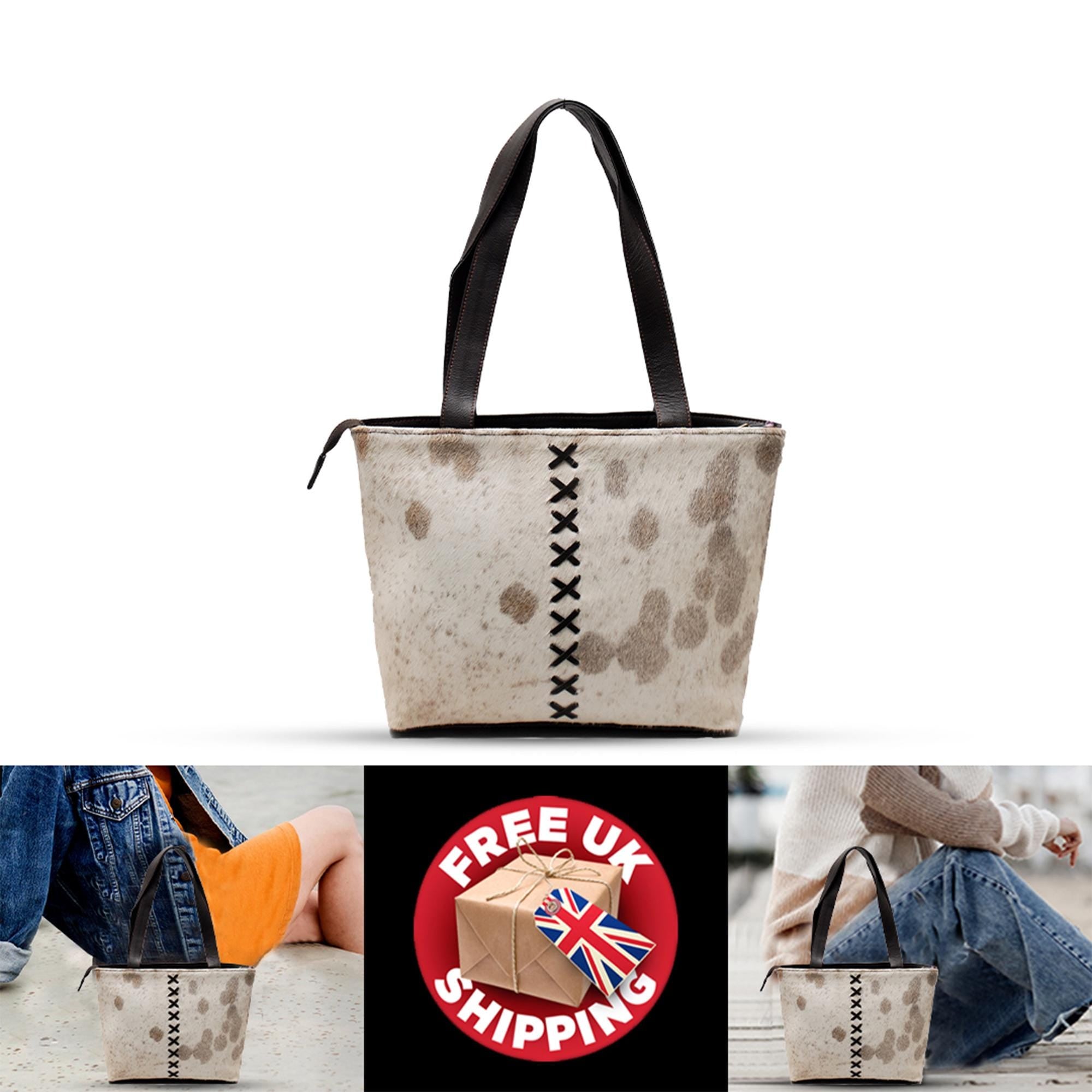 Luxurious Handmade White Cowhide Shoulder Bag - Stylish & Practical Cowskin Purse for Women, Natural Print Variation - Free UK Shipping