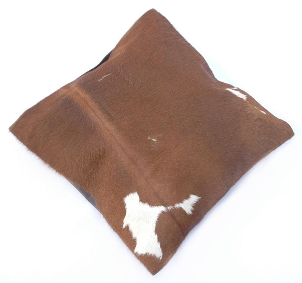 Luxurious Handmade Brown & White Cowhide Accent Sofa Cushion Cover with Suede Back - Unique Hair-on Leather Design - 15 x 15 Size