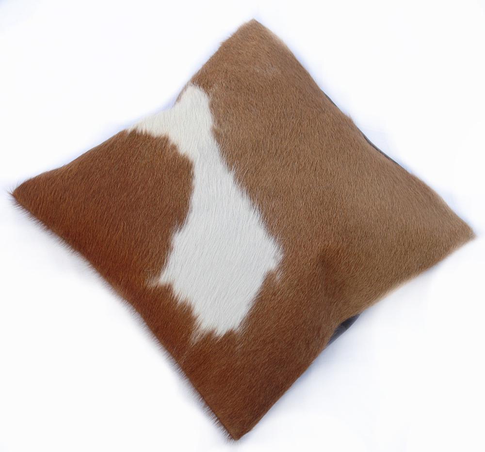 Luxurious Handmade Brown and White Cowhide Accent Cushion Cover for Sofa - Unique Hair-on Leather Design - Hidden Zipper Closure