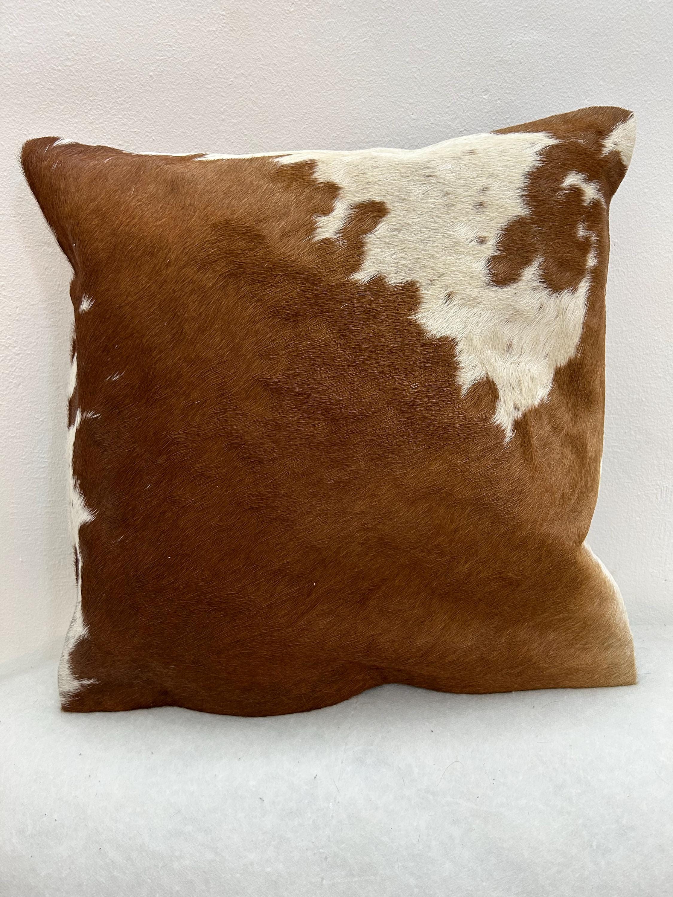 Luxurious Brown & White Cowhide Hair-On Cushion Cover | Rustic - Eco-Friendly Home Decor | Genuine Leather | Hidden Zipper | Suede Backing