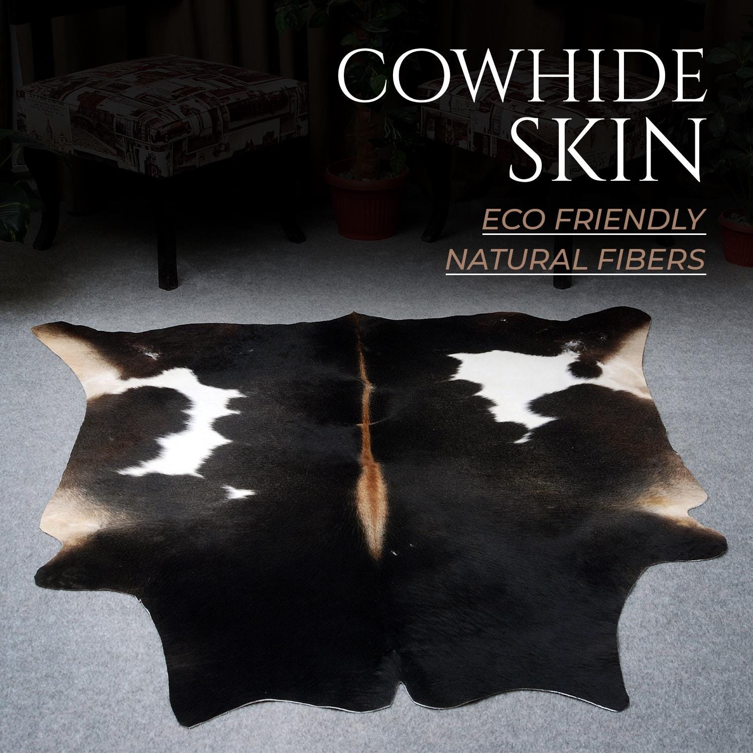 Luxurious Dark Brown & White Cowhide Rug | Large Animal Print Carpet | Hypoallergenic - Non-Shedding | Stunning Lounge Décor