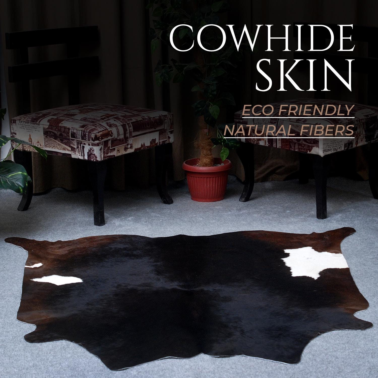 Luxurious Dark Brown & White Cowhide Rug | Hypoallergenic Animal Pattern Carpet | Large Size for Lounge | Non-Slip Suede Back | Non-Shedding