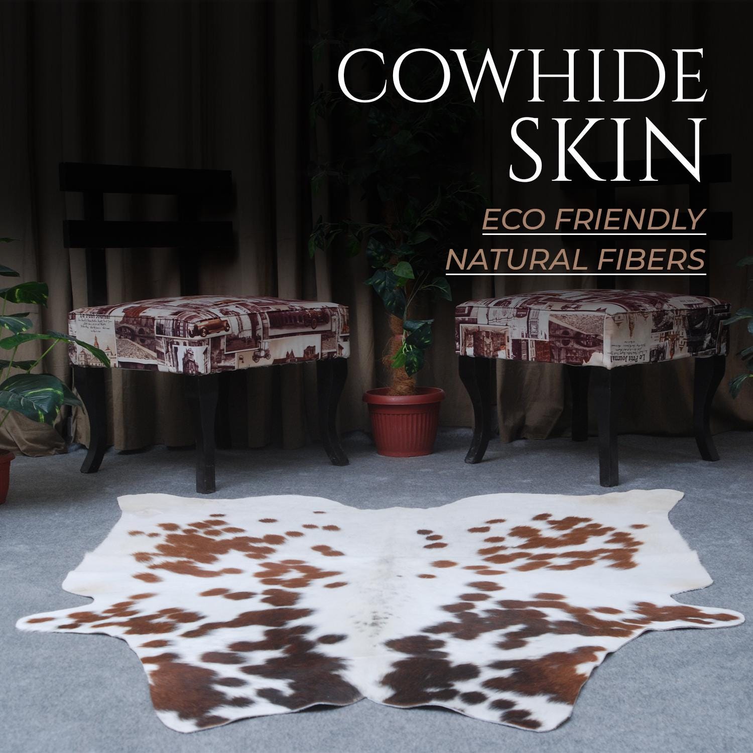 Luxurious Dark Brown & White Cowhide Rug - Hypoallergenic, Non Slippery Suede Back, Large Animal Print Carpet for Lounge