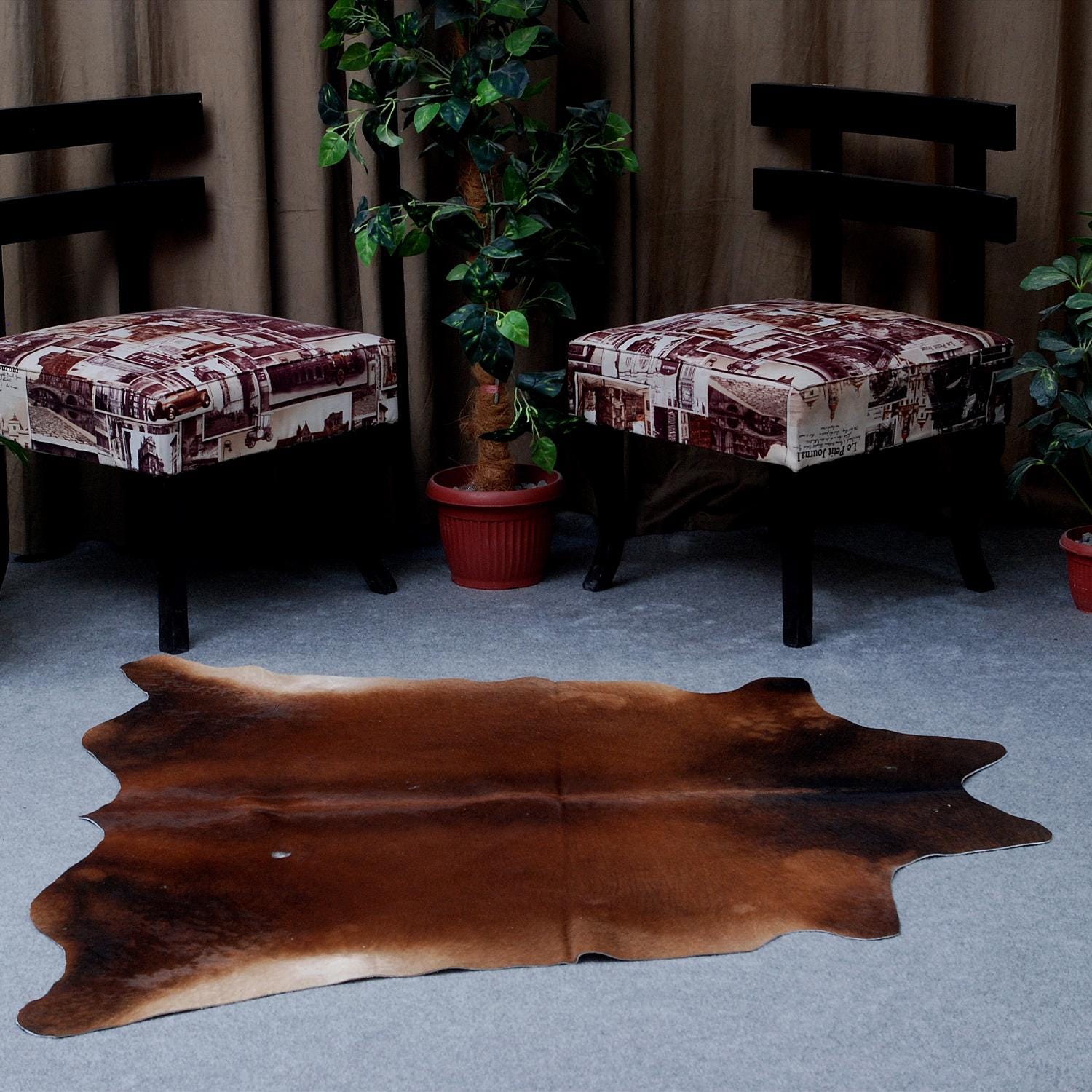 Luxurious Large Cowhide Rug: Dark Brown & White Hair Centerpiece, Hypoallergenic, Non-Slip Back, Non-Shedding - Free Shipping!