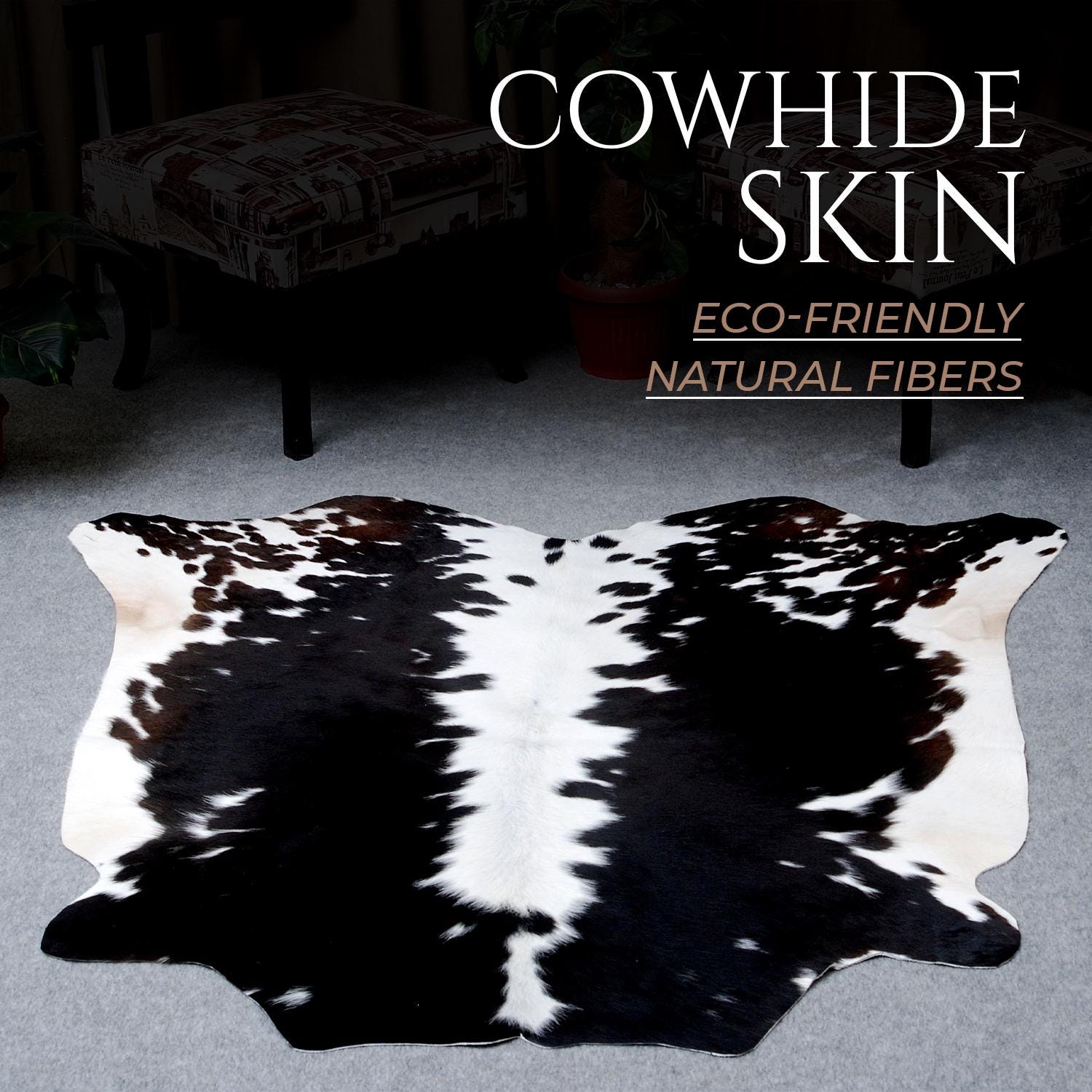 Luxurious Handcrafted Brown and White Cowhide Rug | Medium Size with Non-Slip Backing | Hypoallergenic and Unique Natural Beauty