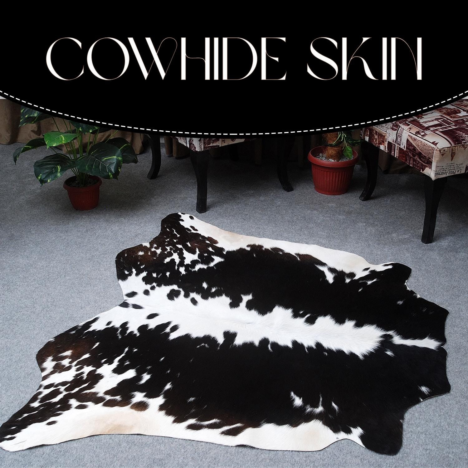 Luxurious Handcrafted Brown and White Cowhide Rug | Medium Size with Non-Slip Backing | Hypoallergenic and Unique Natural Beauty