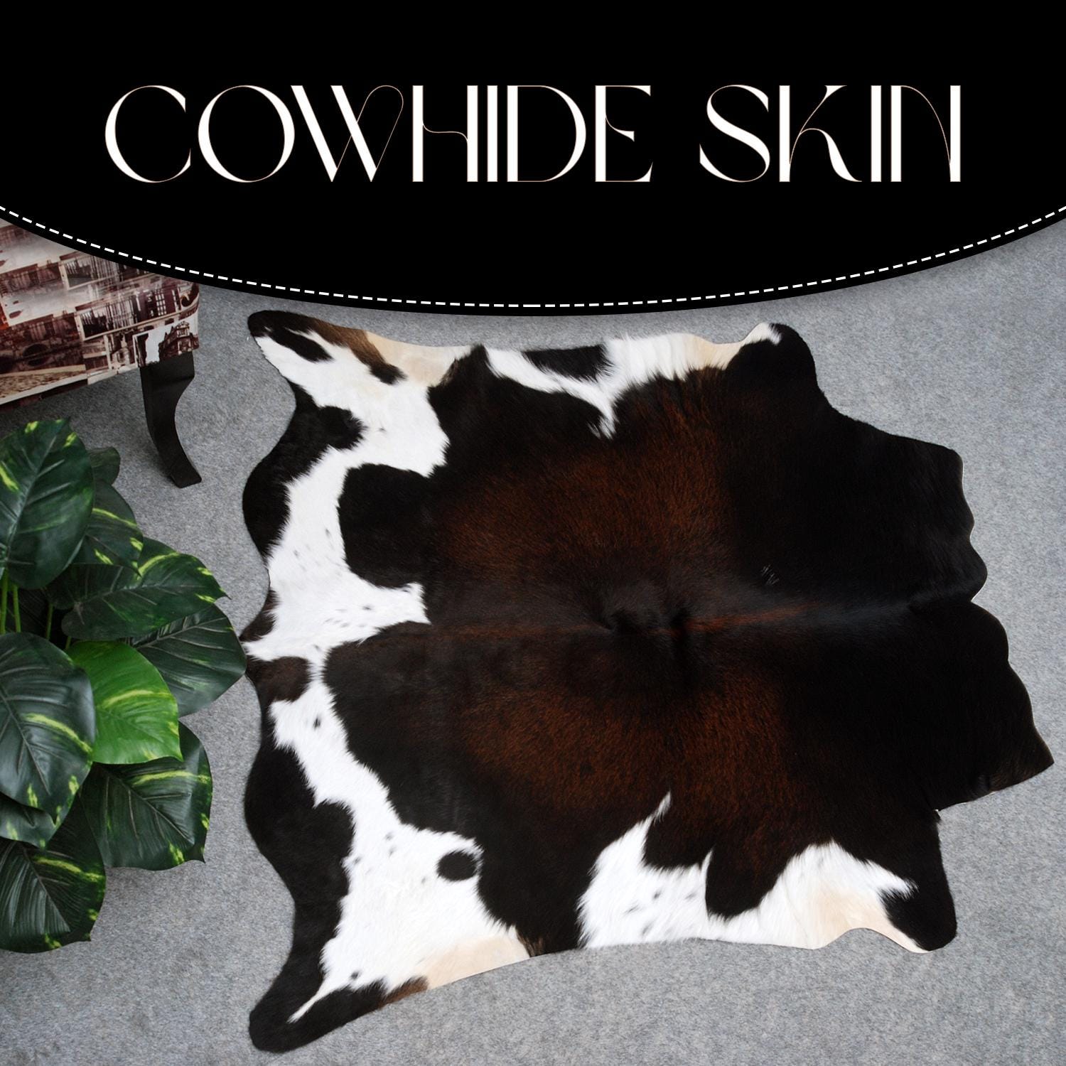 Luxurious Dark Brown & White Cowhide Rug | Medium Size Area Rug with Hypoallergenic, Non-Slip Backing | Handcrafted Natural Hide for Rustic