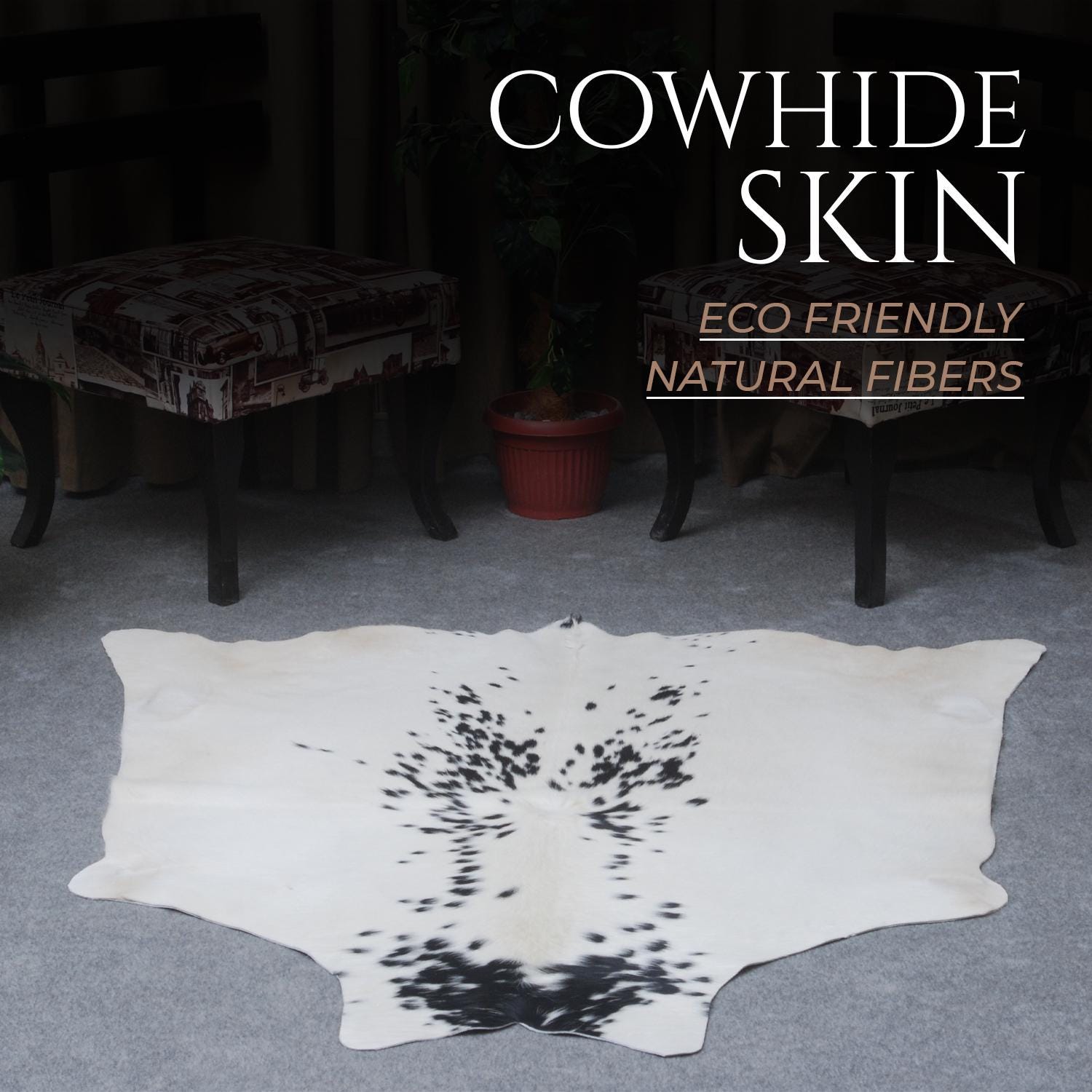 Luxurious Black and White Cowhide Rug with Large Hair - Hypoallergenic, Non-Slip, Non-Shedding - Unique Natural Beauty - Free Shipping!