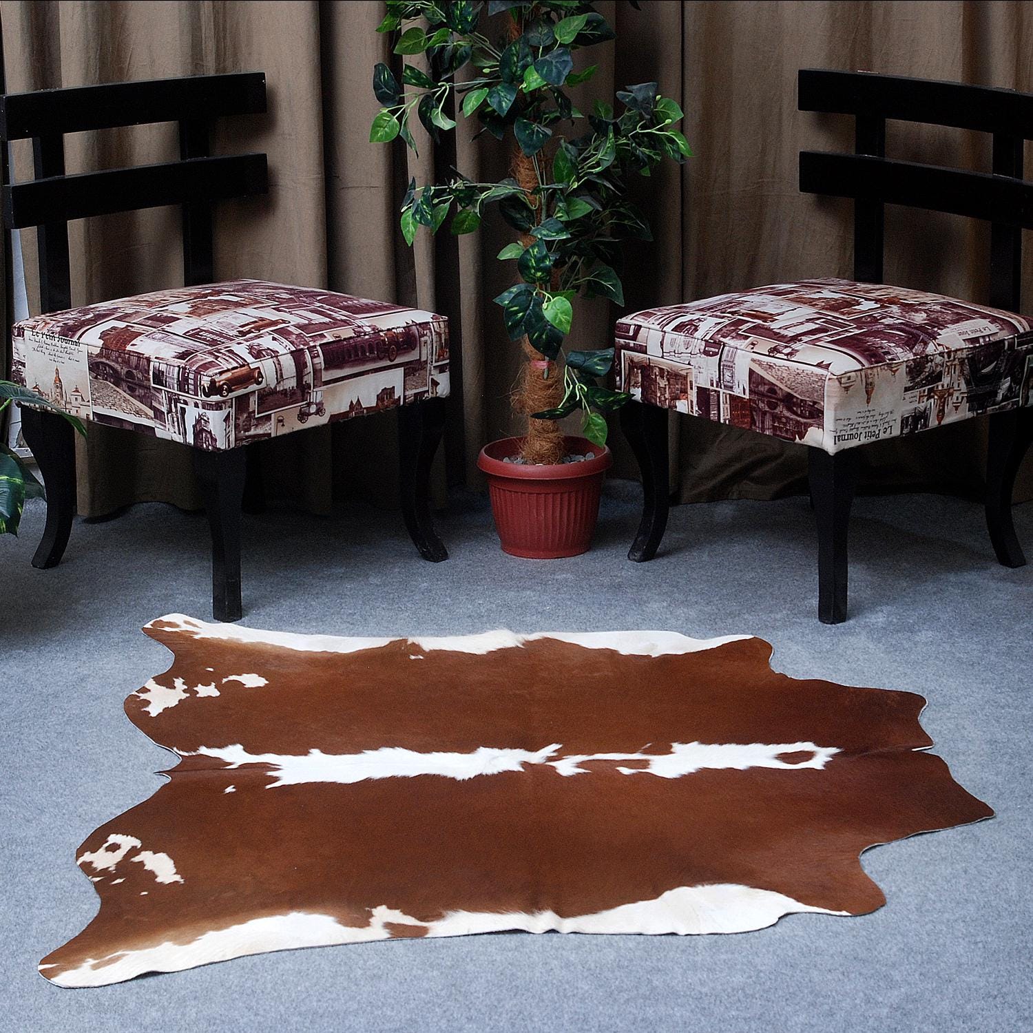 Handcrafted Luxury Brown & White Cowhide Rug - Hypoallergenic, Non-Slip Backing, Unique Beauty - Durable - Versatile for Bedroom/Living Room