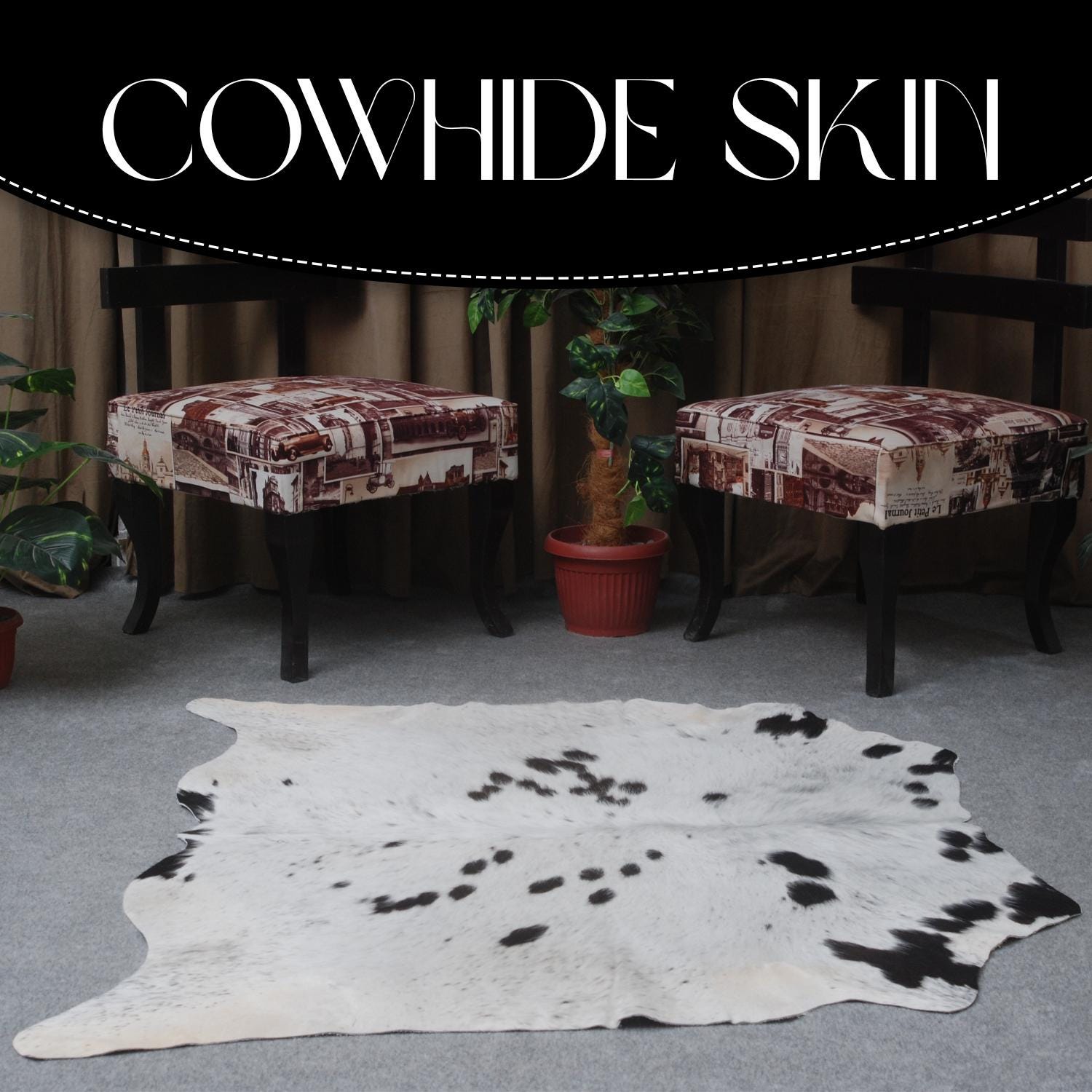 Luxurious Handcrafted Brown and White Cowhide Rug with Non-Slip Backing - Hypoallergenic, Unique Beauty for Bedroom/Living Room - Durable