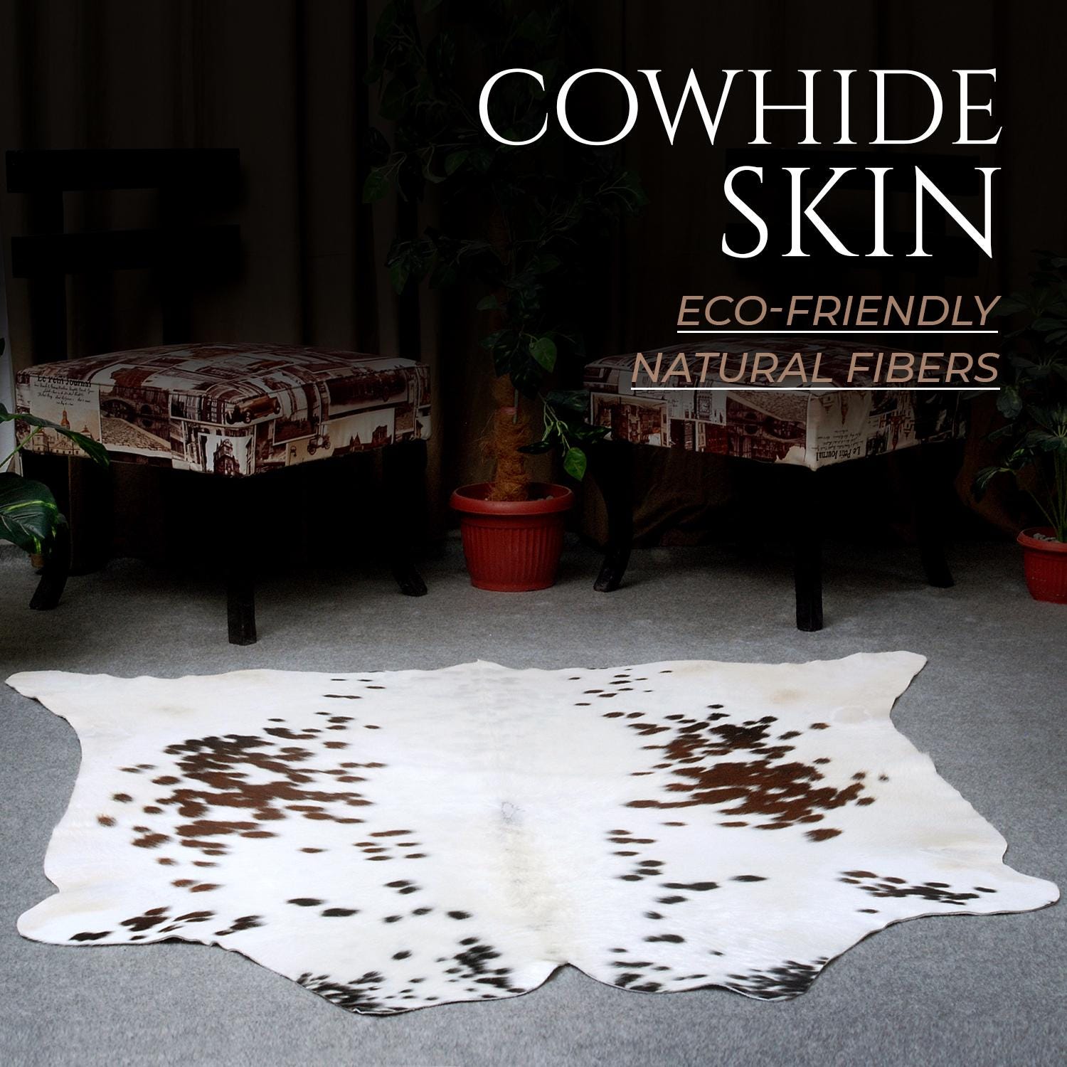 Luxurious Brown & White Cowhide Area Rug | Exotic Animal Skin Carpet for Home Decor | Hypoallergenic - Non-Slip | Large Size - Free UK