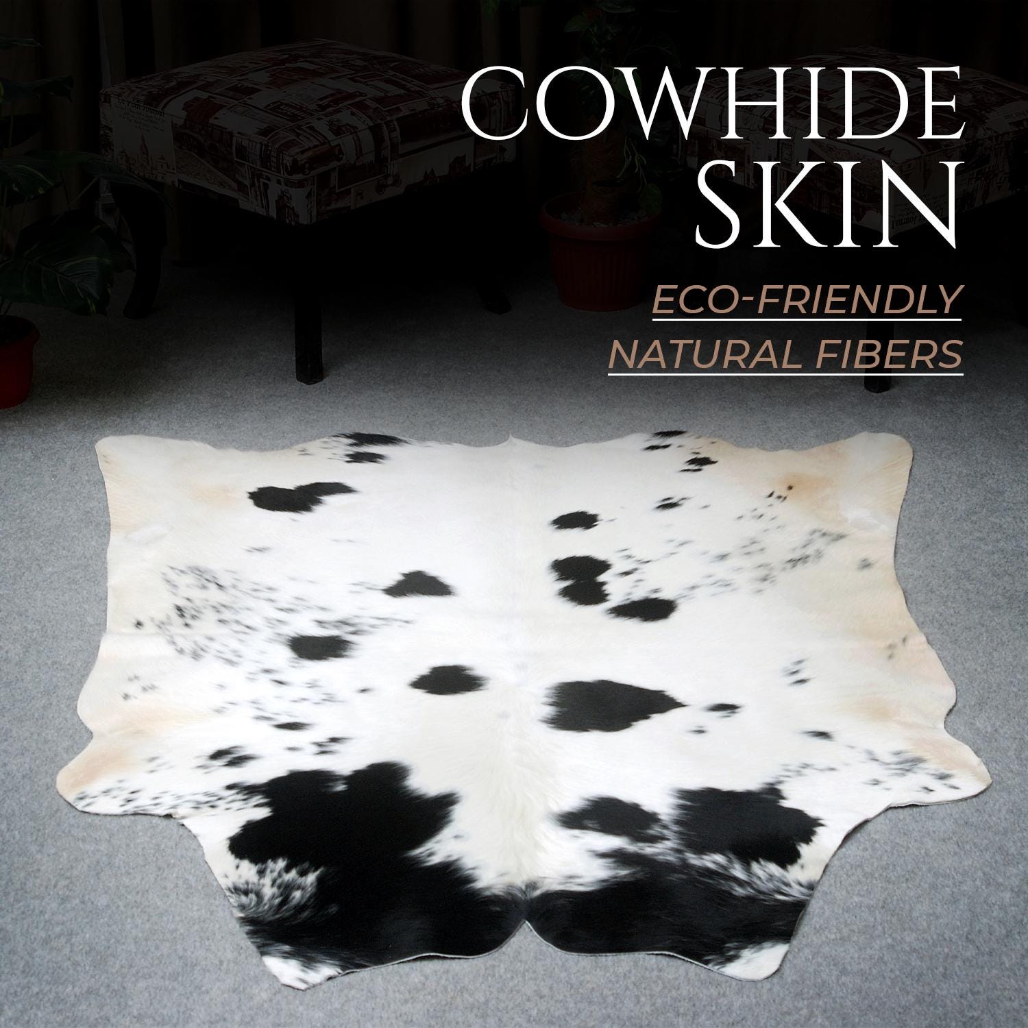 Luxurious Medium Black and White Cowhide Rug | Hypoallergenic, Non-Slip Backing, Handcrafted Quality | Unique Natural Beauty for Bedroom