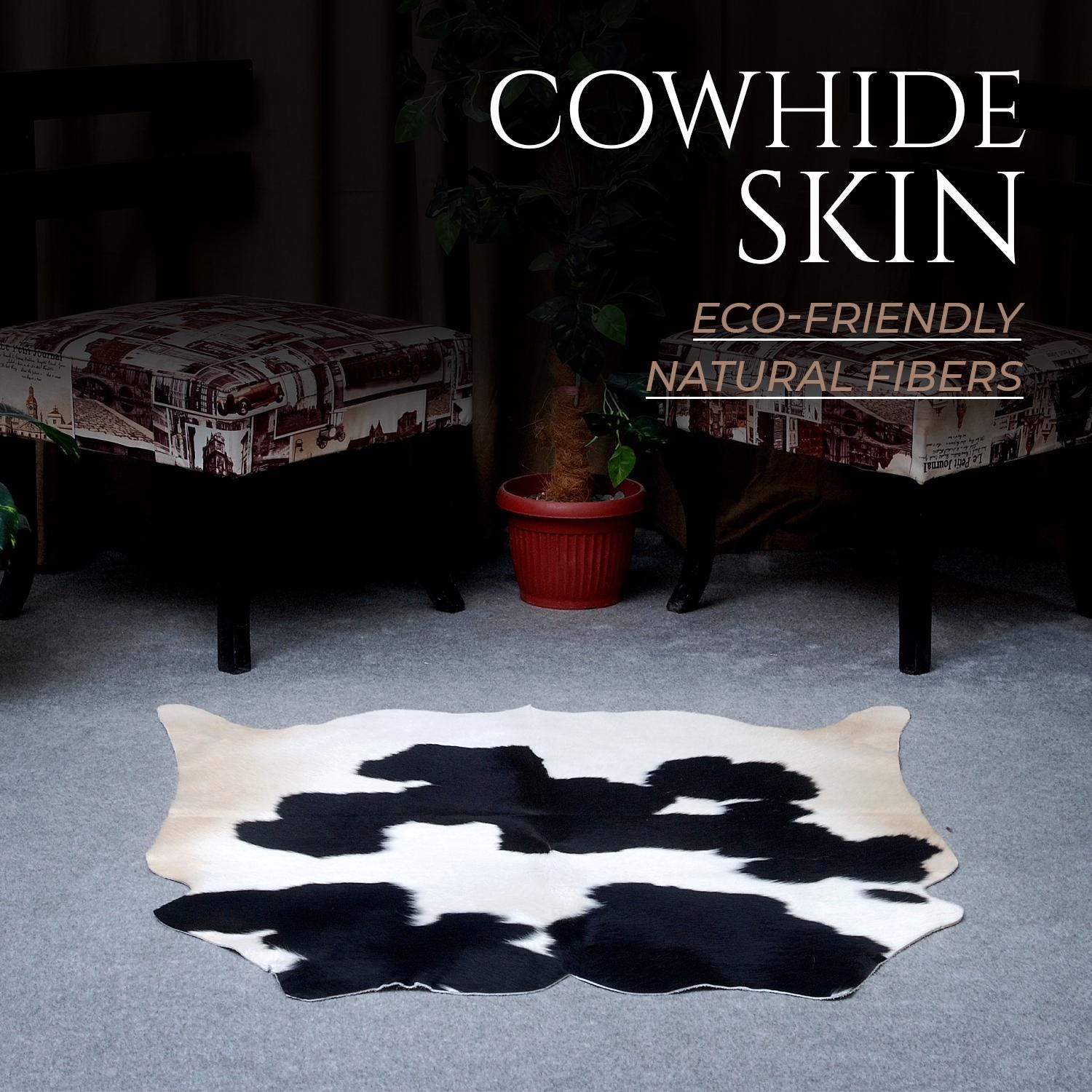 Luxurious Handcrafted Black and White Cowhide Rug - Hypoallergenic, Non-Slip Backing, Unique Markings - Durable and Versatile Home Decor