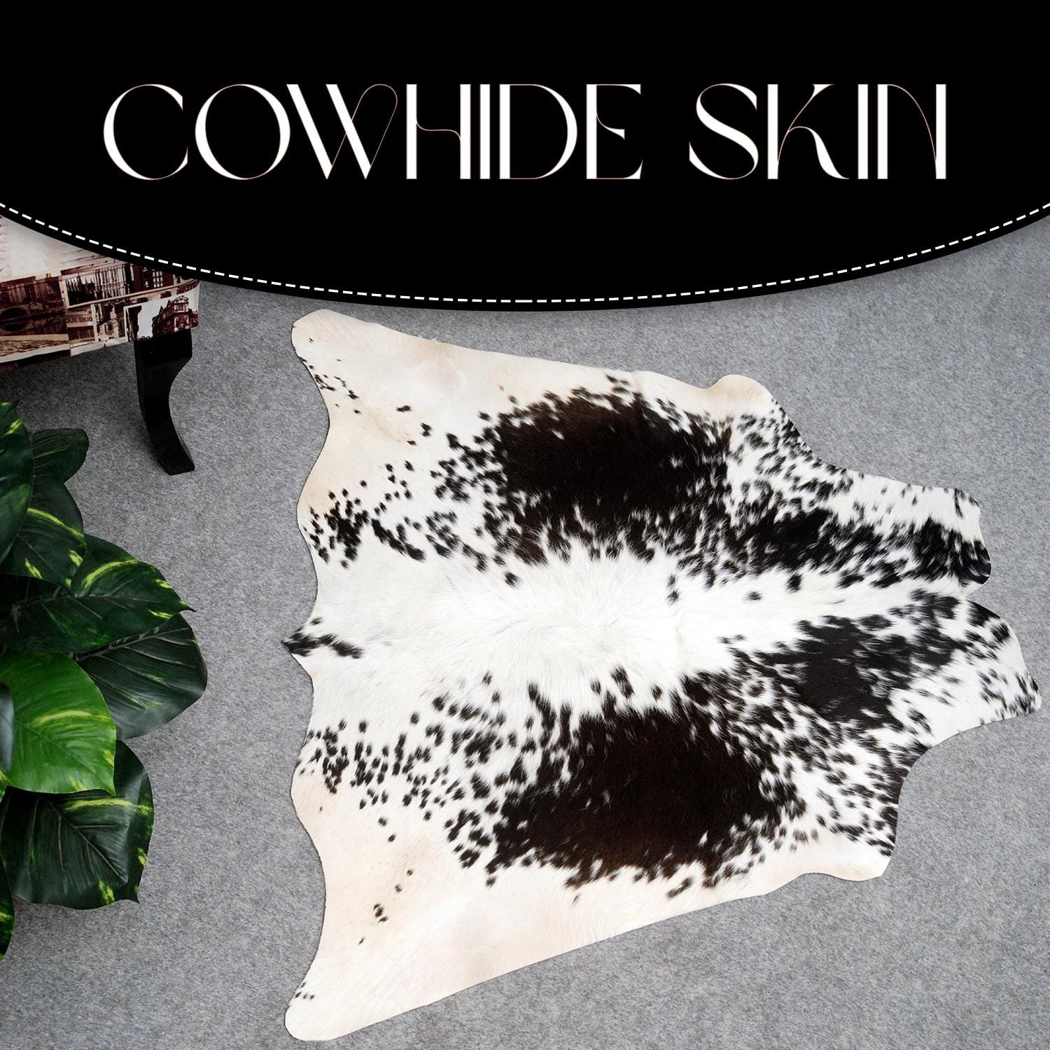 Luxury Black and White Cowhide Rug - Small Size, Hypoallergenic, Non Shedding, Handcrafted Beauty with Unique Natural Patterns