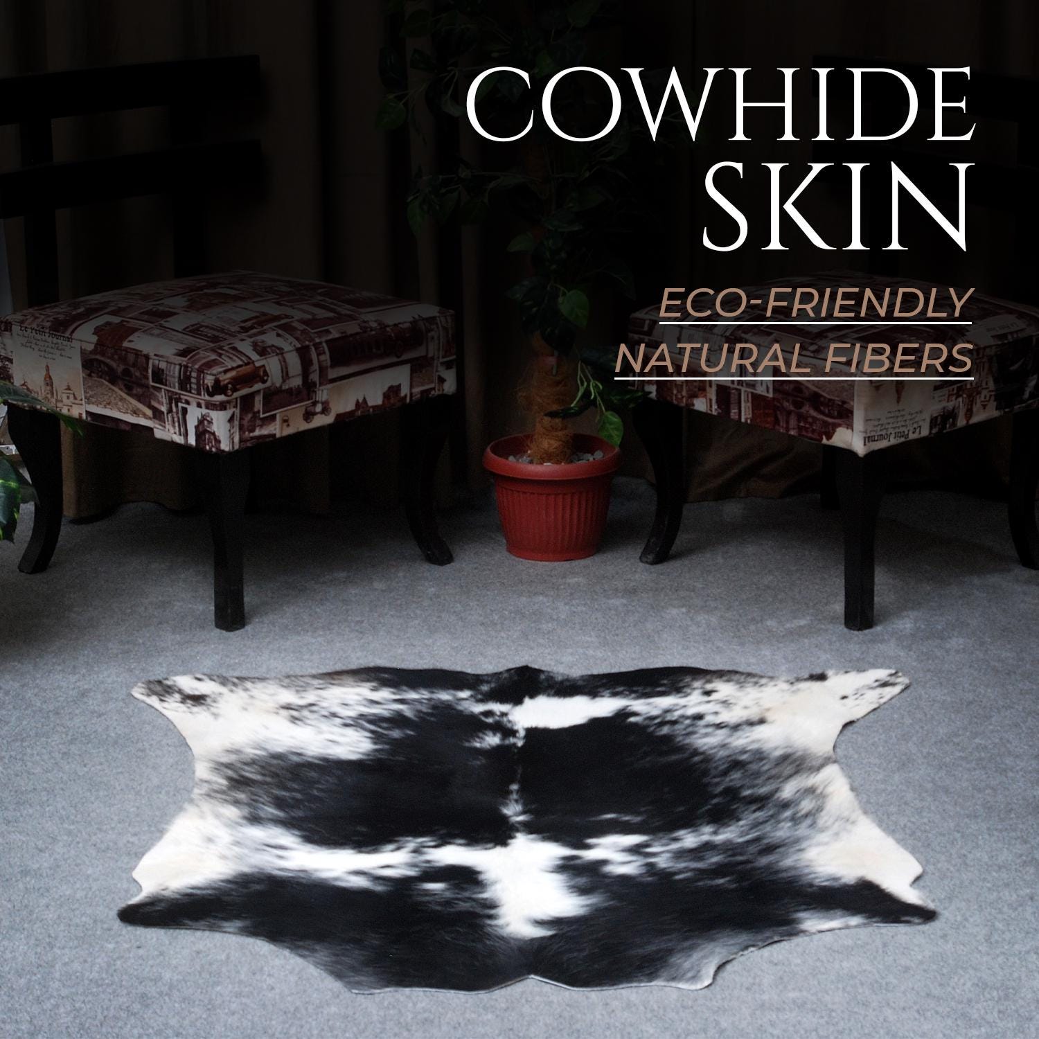 Luxurious Small Black and White Hair on Salt & Pepper Cowhide Rug - Handcrafted Hypoallergenic Home Décor Accent