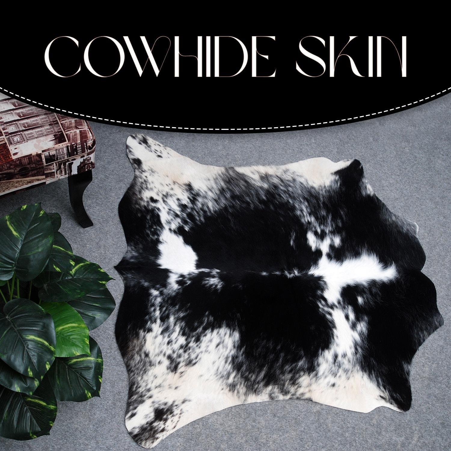 Luxurious Small Black and White Hair on Salt & Pepper Cowhide Rug - Handcrafted Hypoallergenic Home Décor Accent
