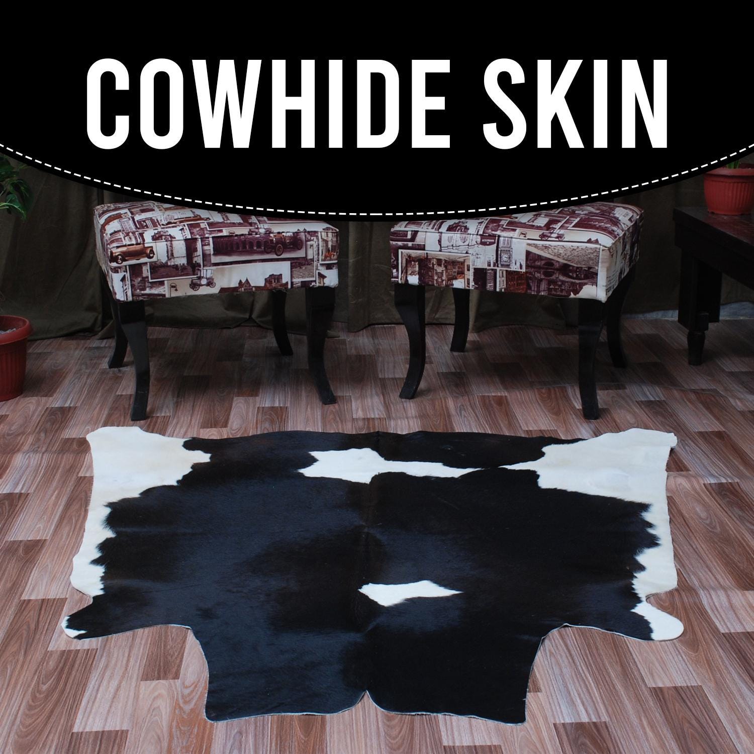 Luxurious Medium Cowhide Rug in Dark Brown & White for Warm Living Room/ Bedroom Ambiance