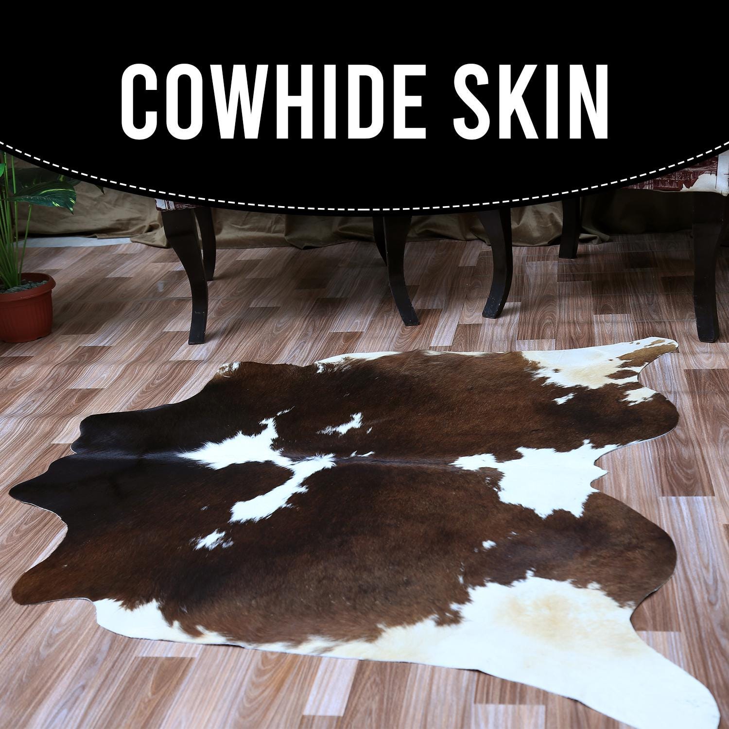 Luxury Medium Cowhide Rug: Dark Brown & White Hide, Hypoallergenic, Handcrafted, Durable - Versatile for Bedroom/ Living Room - 100% Natural