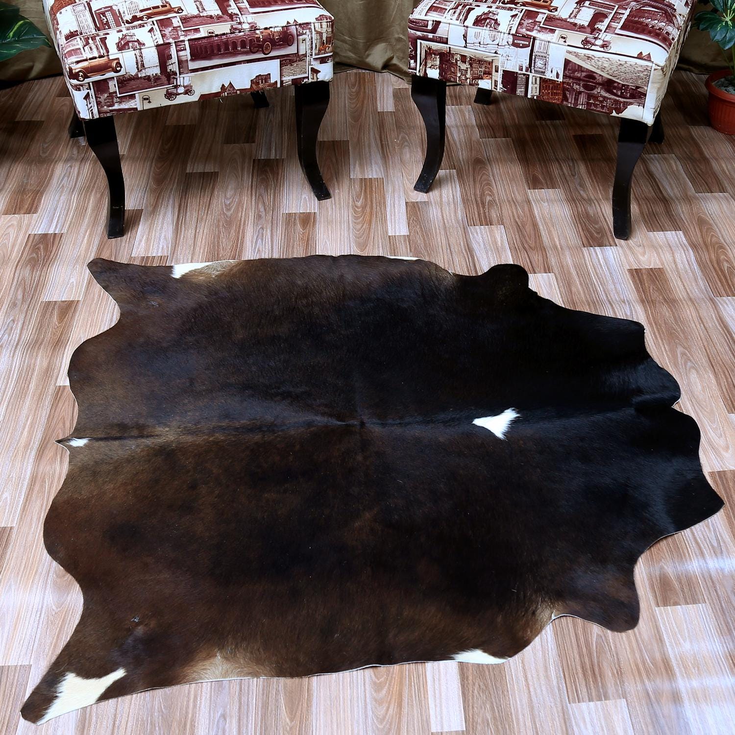 Handcrafted Dark Brown & White Cowhide Rug | Hypoallergenic - Non-Slip | Medium Size | Rustic Charm for Modern Home Decor