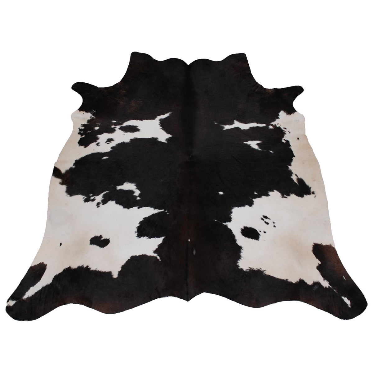 Luxury Handcrafted Medium Brown and White Cowhide Rug - Hypoallergenic, Non-Slip Backing, One-of-a-Kind Natural Beauty