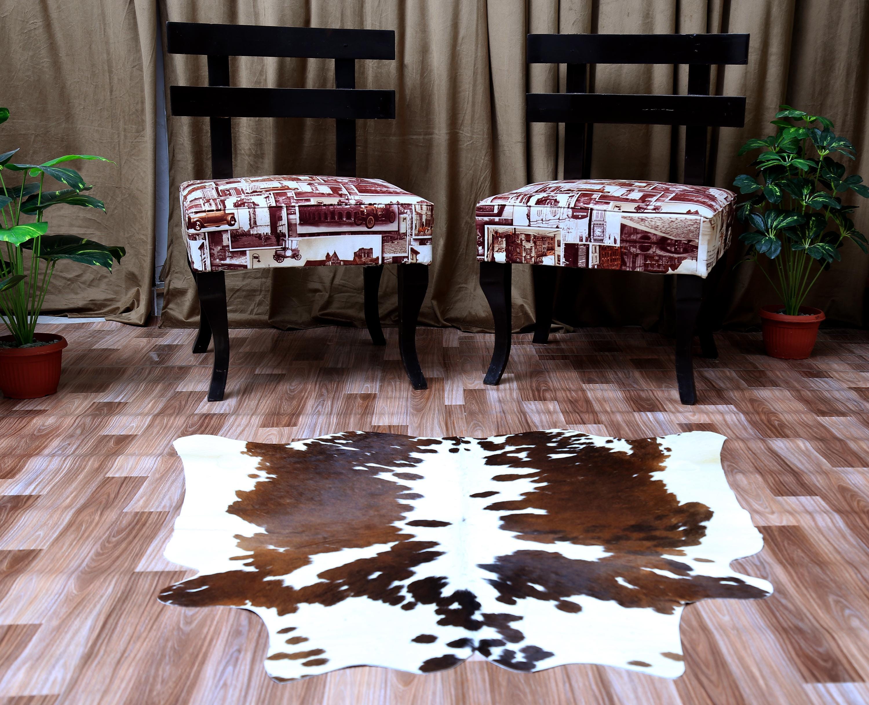 Luxurious Dark Brown and White Cowhide Rug with Small Animal Pattern - Hypoallergenic, Non-Slippery Suede Back, Non-Shedding - Handcrafted