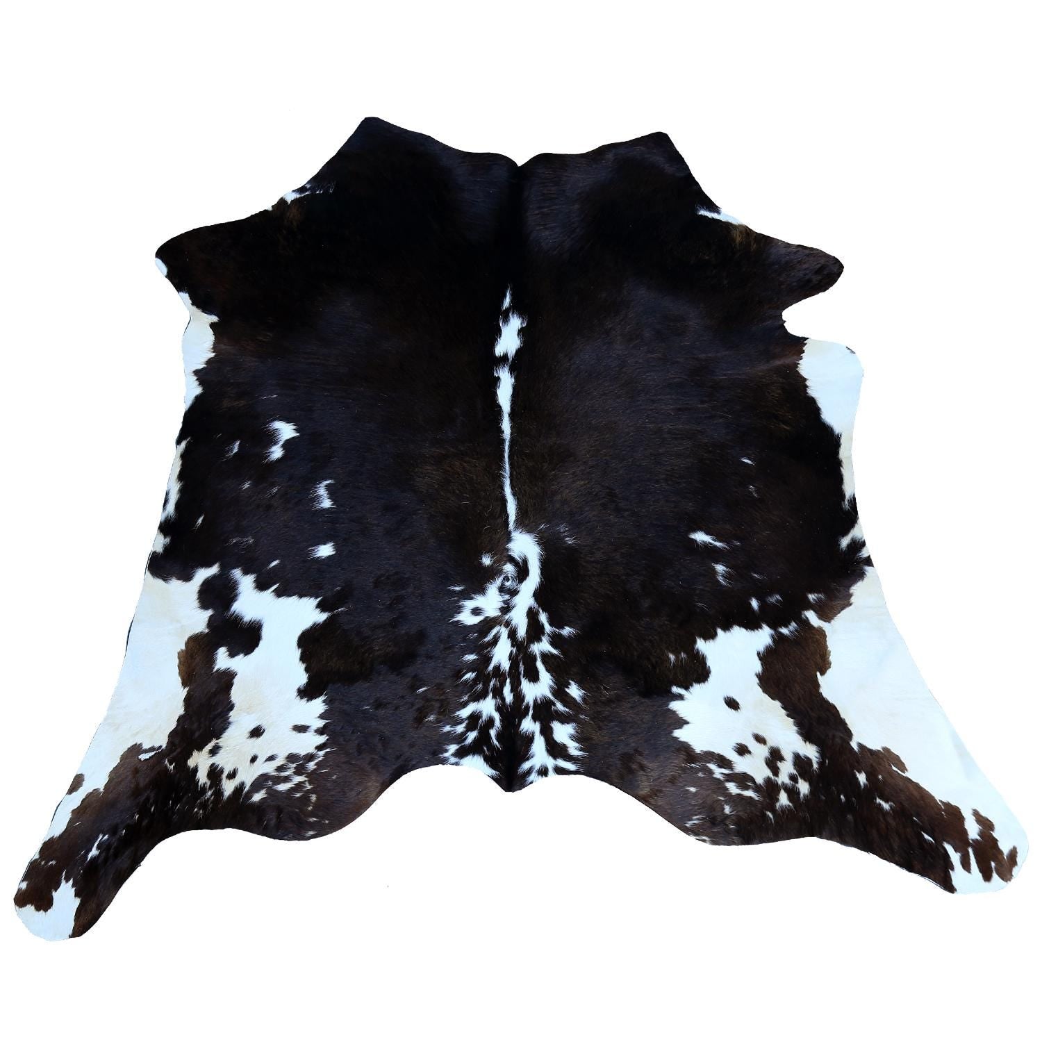 Luxurious Dark Brown and White Cowhide Rug - Handcrafted Small Animal Pattern Hide Rug, Hypoallergenic and Non-Slip Suede Back