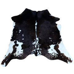Luxurious Dark Brown and White Cowhide Rug - Handcrafted Small Animal Pattern Hide Rug, Hypoallergenic and Non-Slip Suede Back
