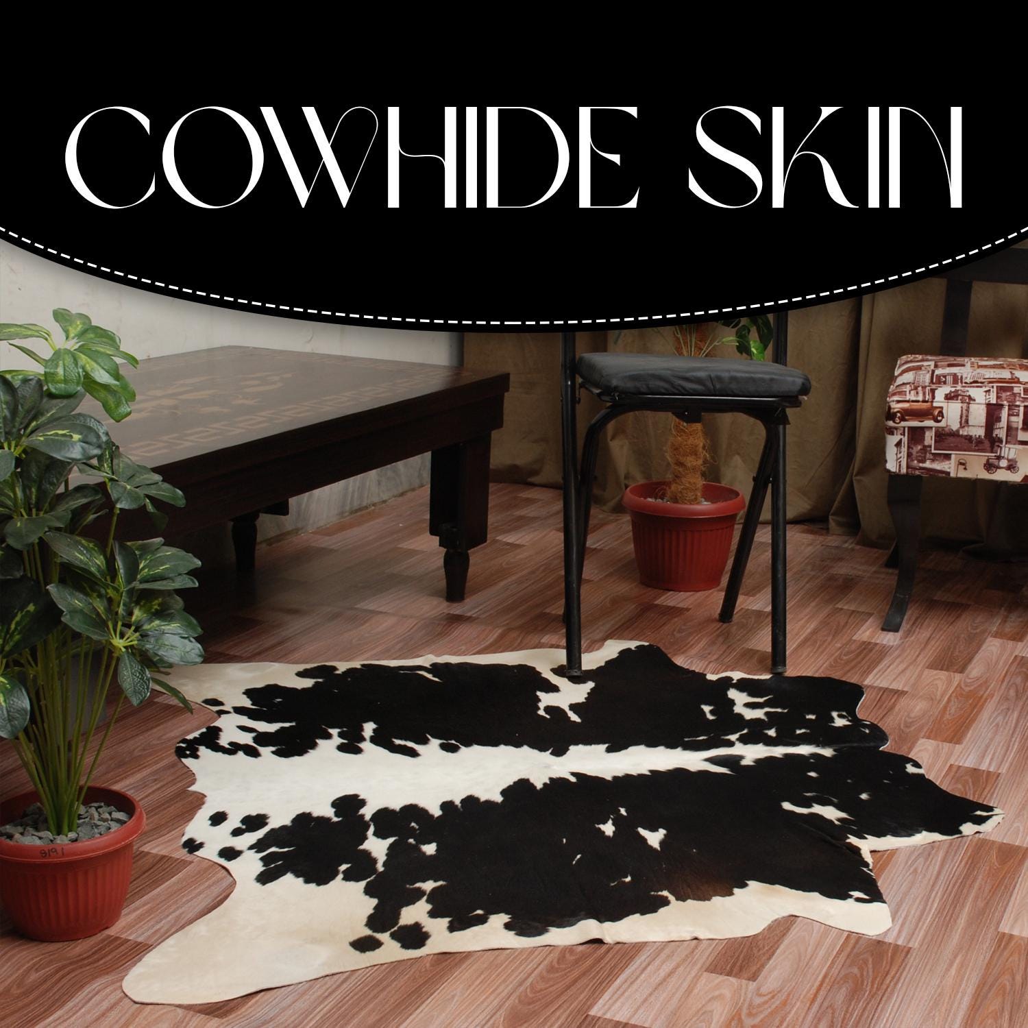 Luxurious Medium Black and White Cowhide Rug - Hypoallergenic, Handcrafted, and Durable for Modern Home Decor