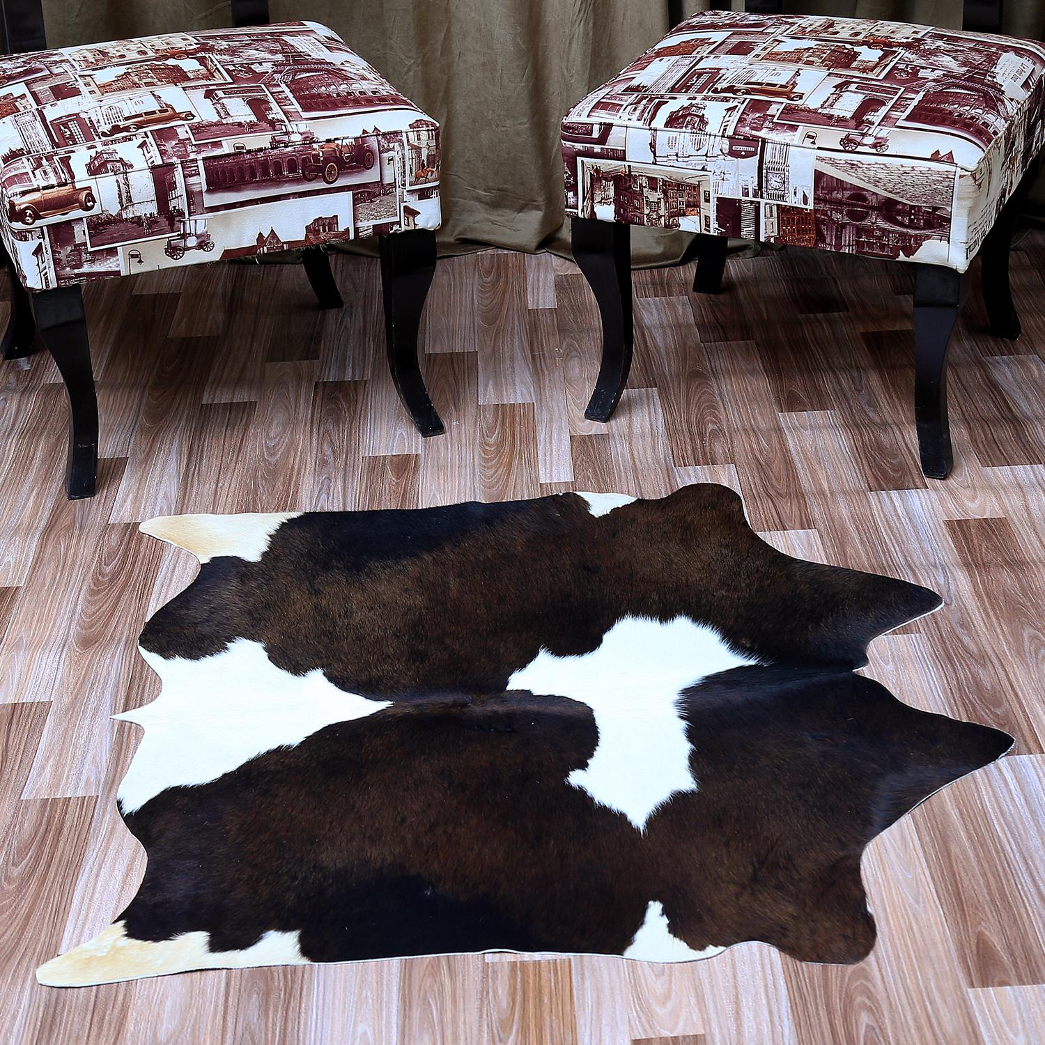 Rustic Charm Cowhide Rug: Medium Dark Brown & White - Handcrafted, Durable, Versatile for Modern Home Decor