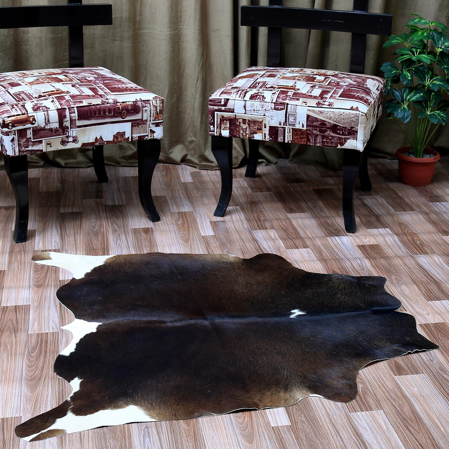 Luxury Dark Brown & White Cowhide Rug - Hypoallergenic, Handcrafted, Durable, One-of-a-Kind Medium Cow Skin Rug for Modern Home Decor