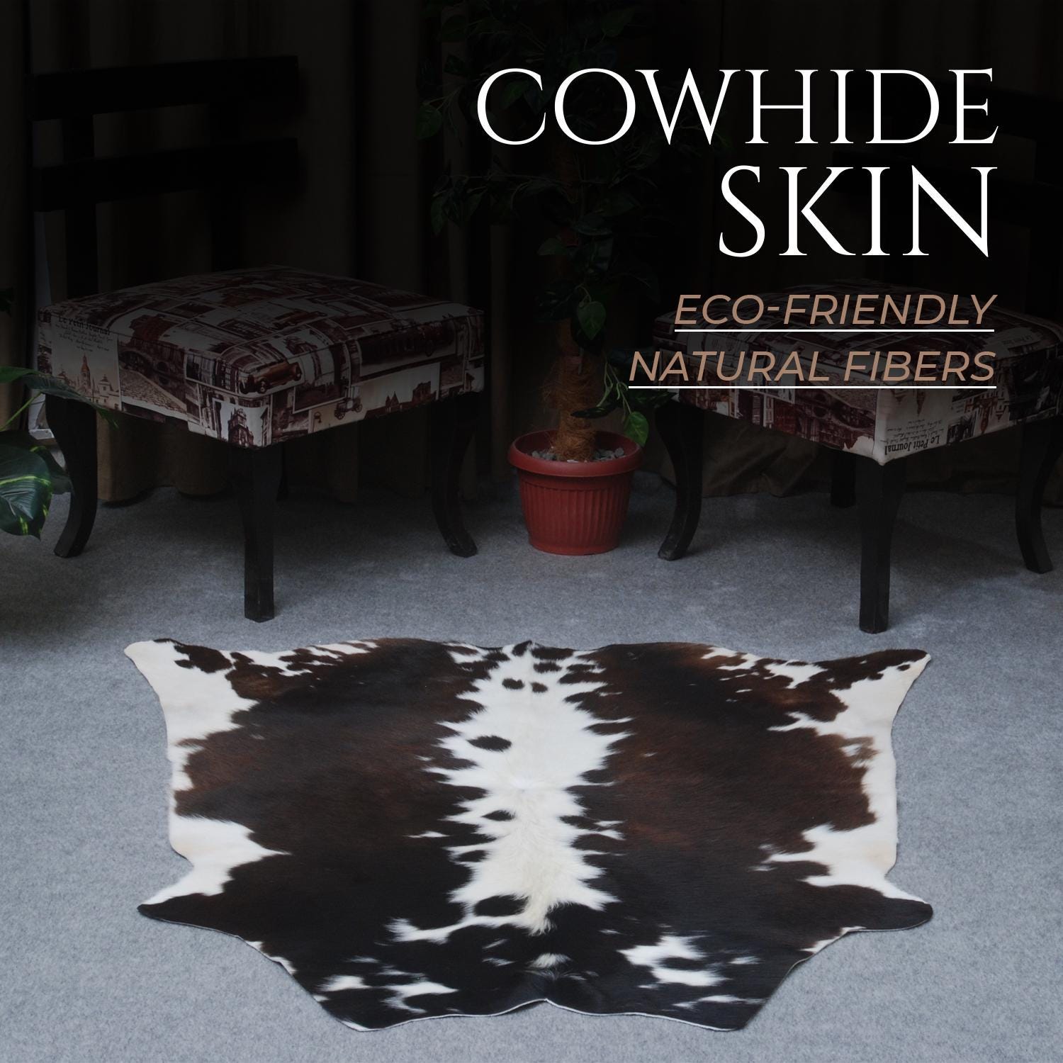 Luxurious Medium Brown & White Cowhide Rug | Hypoallergenic Backing | Handcrafted Natural Hide | Unique Animal Pattern rug | Durable -