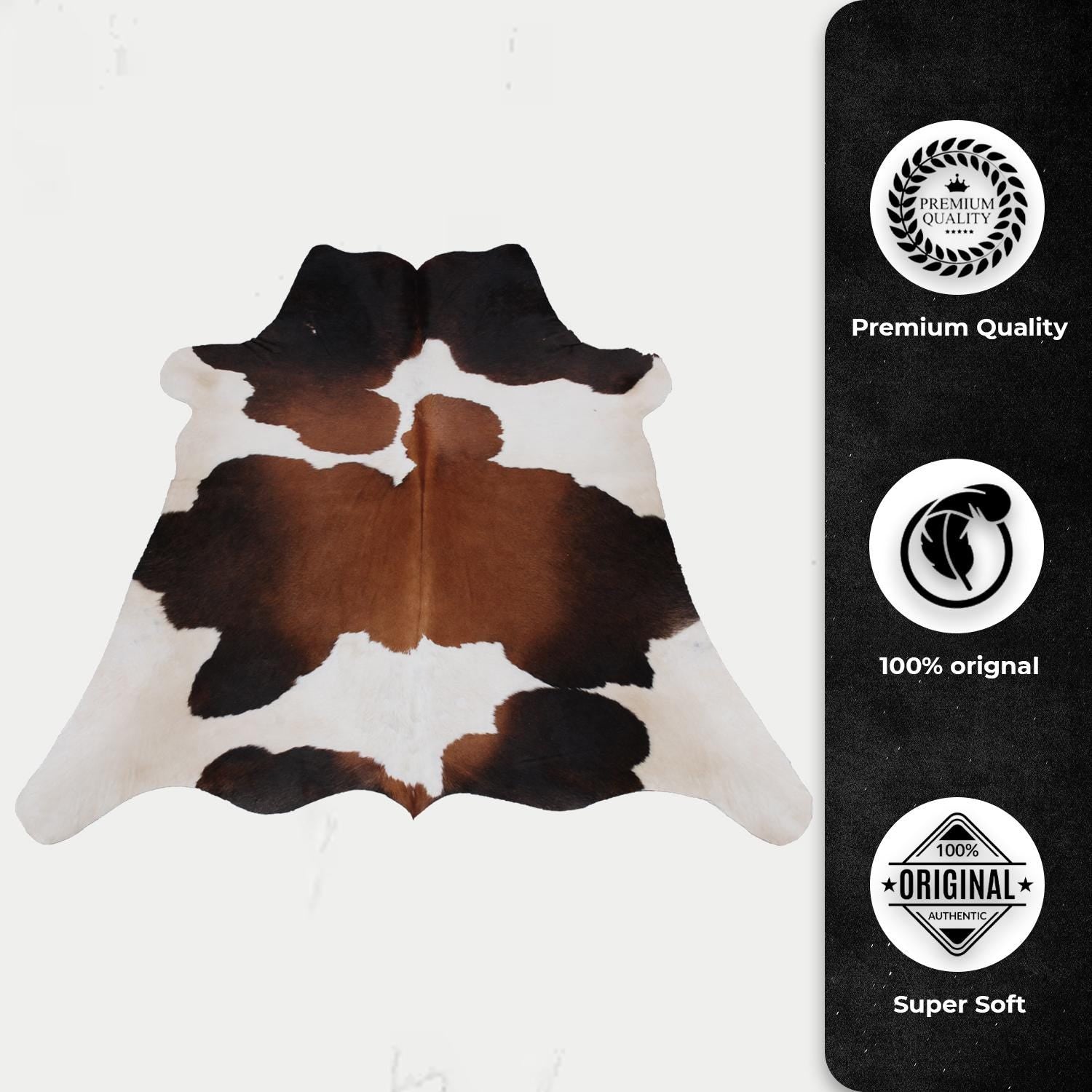 Luxurious Small Brown and White Cowhide Rug with Soft Hair | Hypoallergenic, Non-Slip Back, Non-Shedding | Handcrafted Natural Hide Rug for