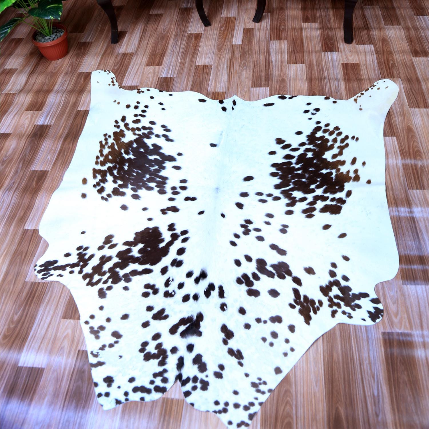 Luxury Hypoallergenic Brown & White Cowhide Rug with Non-Slip Suede Back - Large Size, Natural Hair - Radiant Sheen - Perfect for Home Decor - Celestial Leather Limited