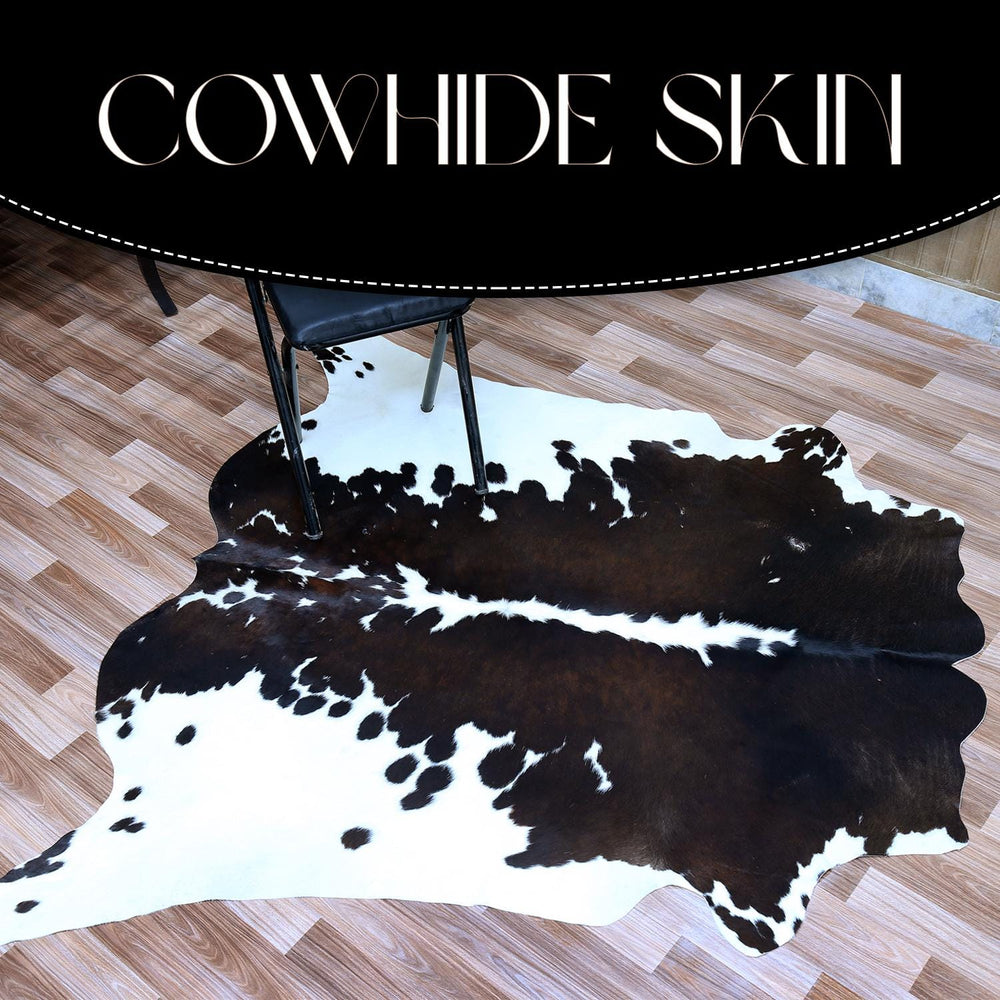 Luxurious Large Dark Brown & White Cow Skin Rug with Natural Hair for Bedroom or Living Room - Celestial Leather Limited